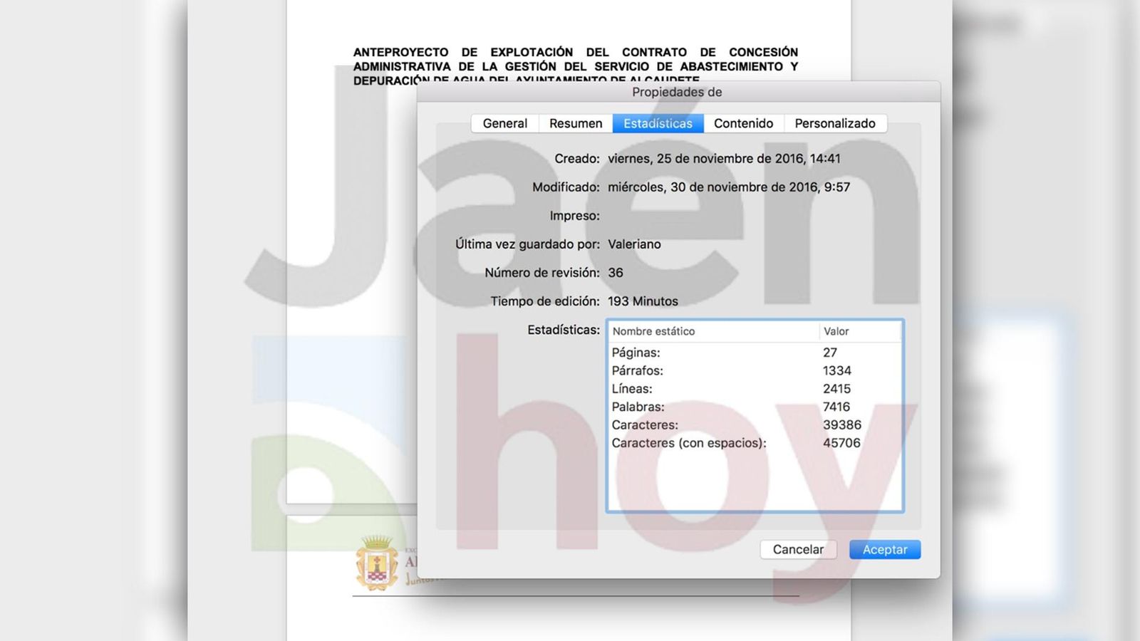 Propiedades del documento con la lista de dependencias municipales beneficiadas por el descuento en el servicio del agua de Alcaudete.