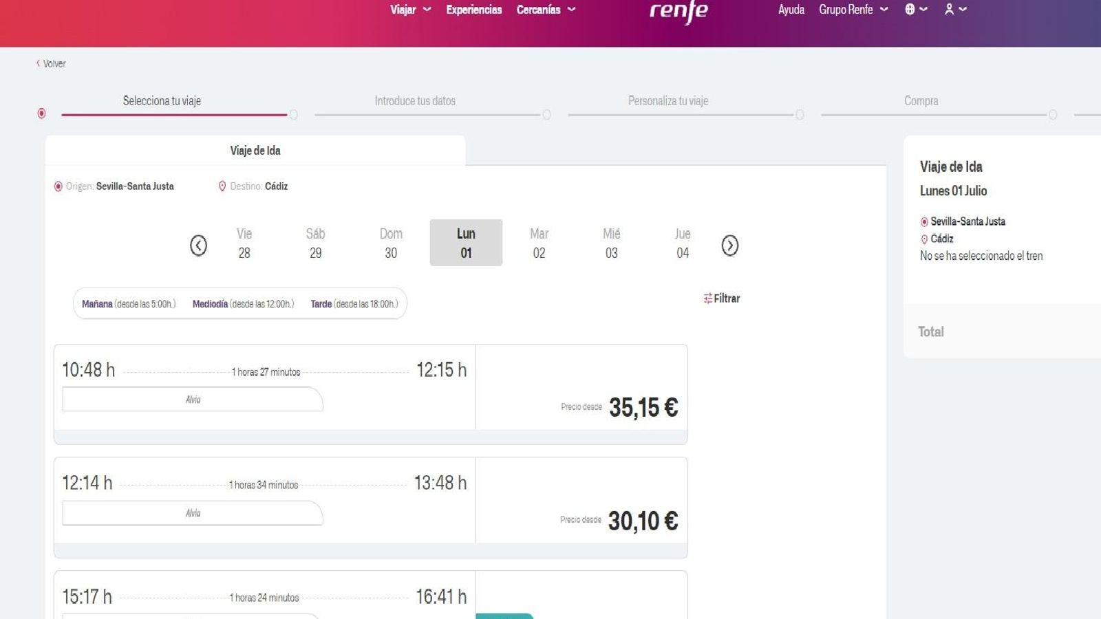 La oferta de MD para viajar de Sevilla a Cádiz el 1 de julio.