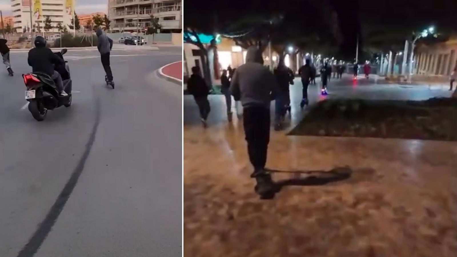 Jóvenes circulan en patinete por el Paseo de Almería mientras se graban durante una quedada nocturna.
