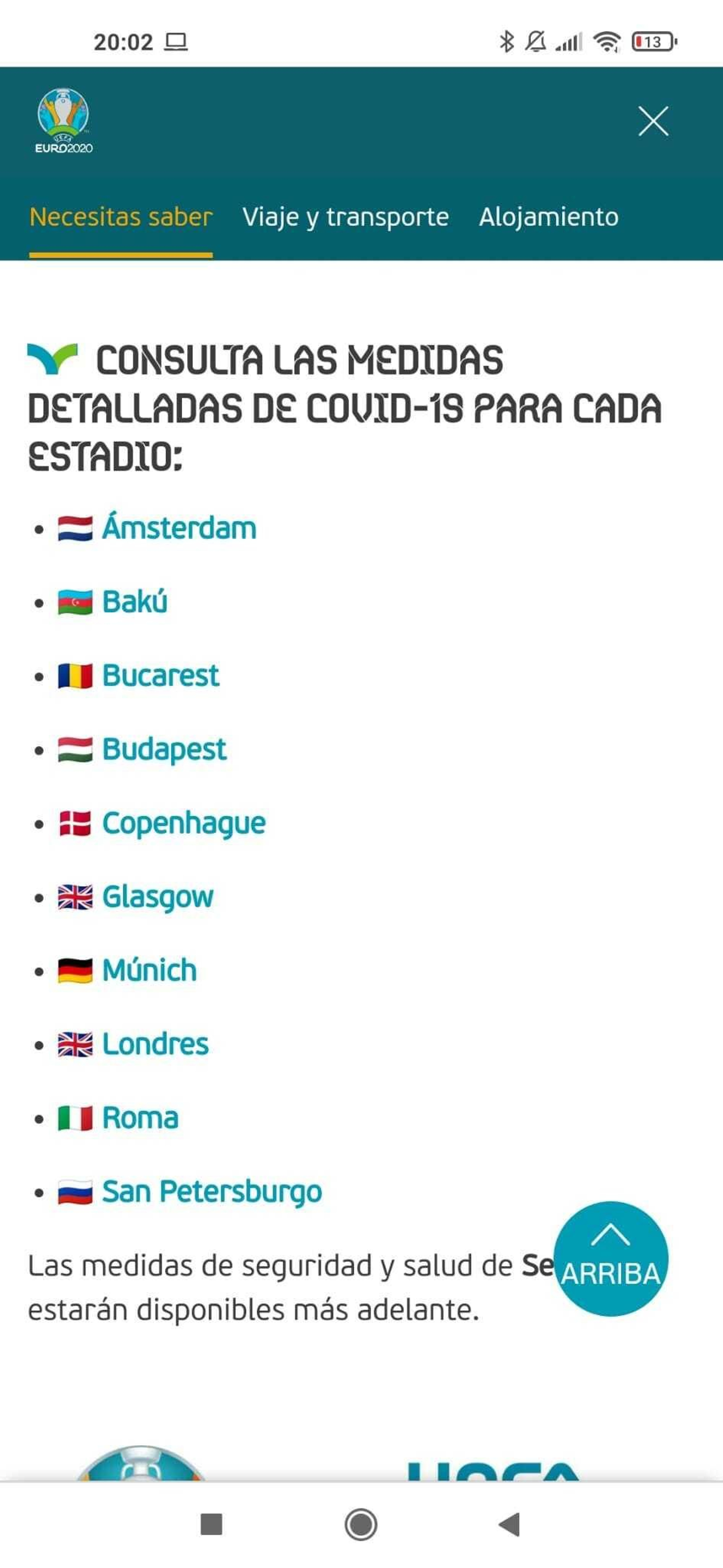 Captura de pantalla del link enviado a los compradores preferentes donde aún no aparecen protocolo Covid específico para Sevilla.