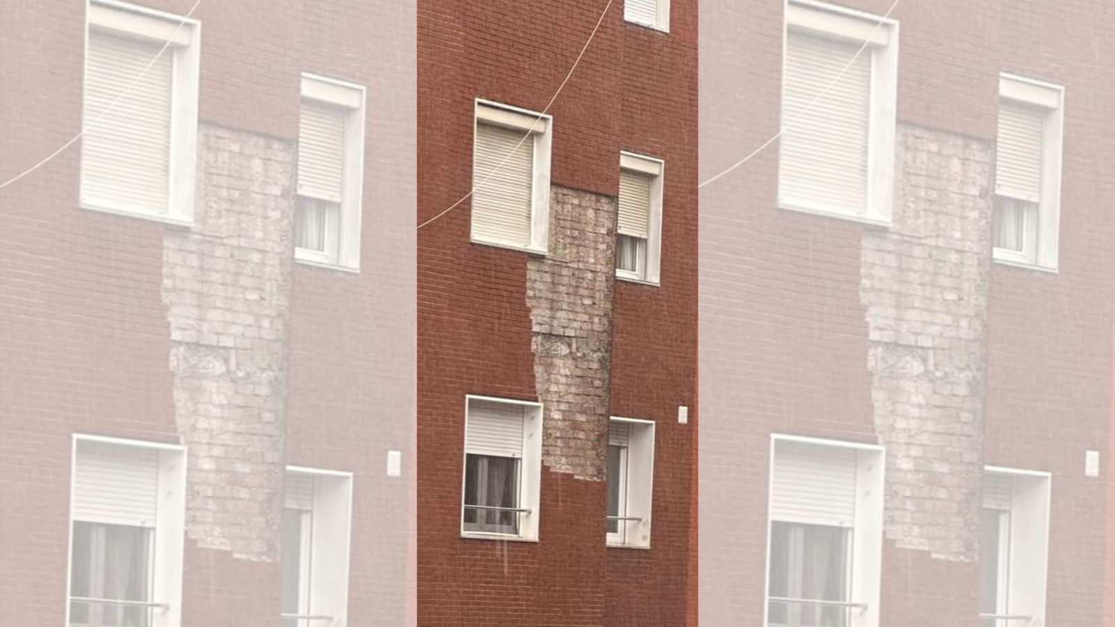 La fachada del edificio desprendida.