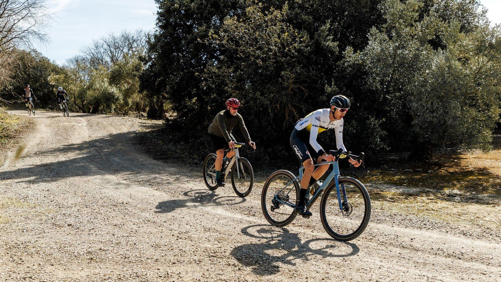 Dos ciclistas recorren un camino de olivos en la Gran Fondo disputada ayer.