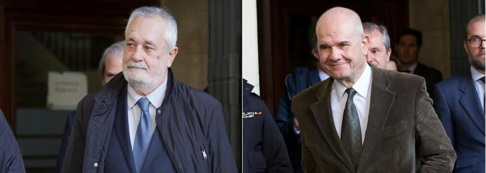 José Antonio Griñán y Manuel Chaves, a la salida de la Audiencia Provincial de Sevilla.