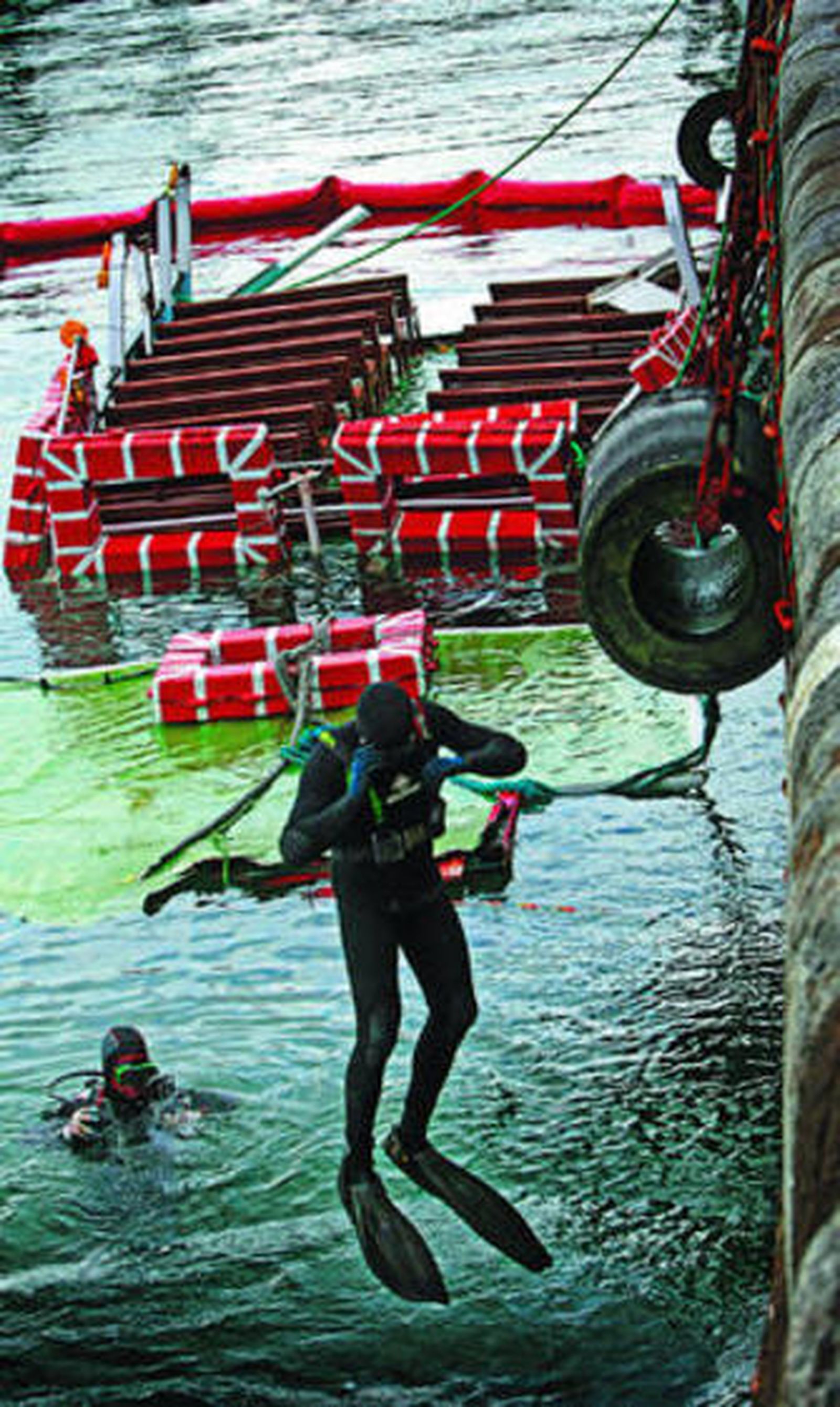 Uno de los buzos se lanza al agua para proceder a la Inspección del Vaporcito.