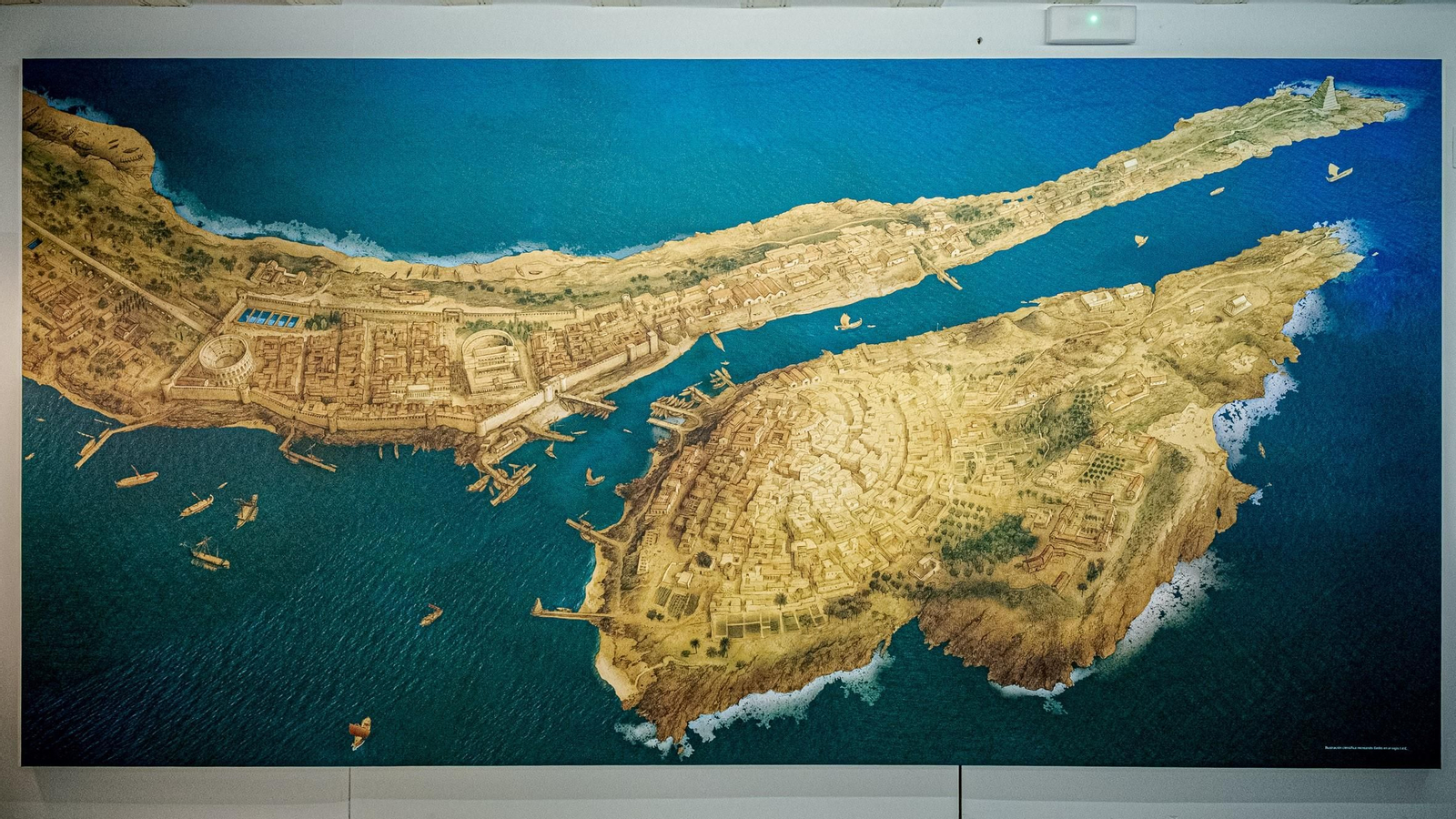 Imagen del dique que sobresale en la isla de Kotinoussa, a la altura del actual Valcárcel, en la Ilustración de Gades que irá a la colección permanente del Museo de Cádiz