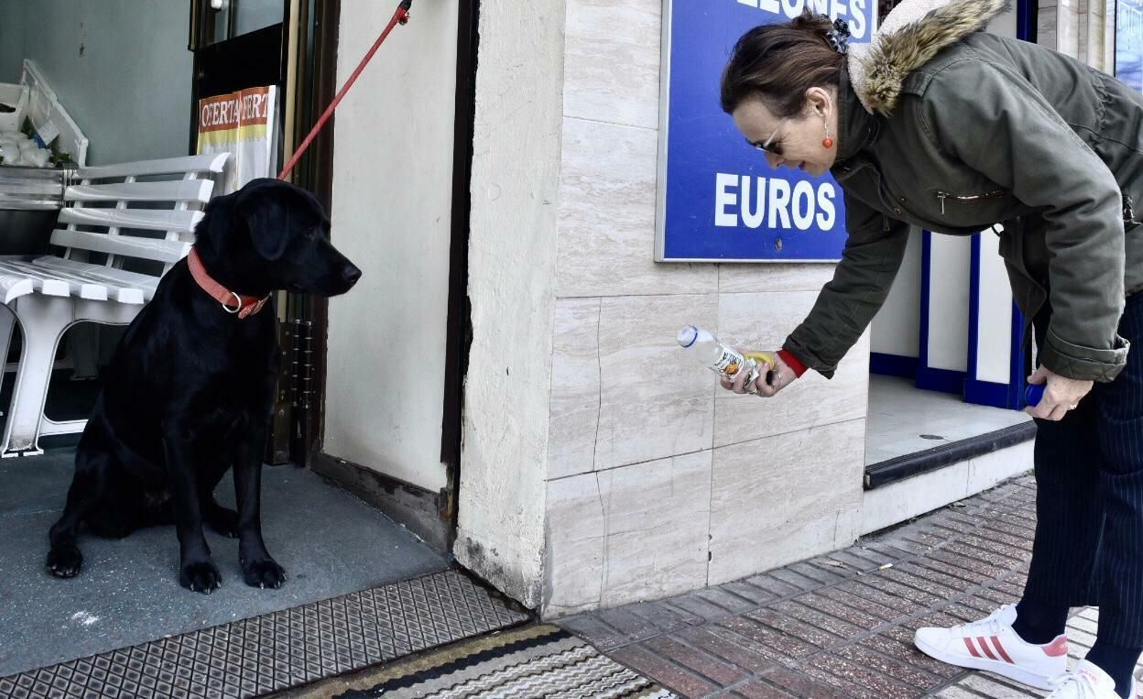 Una mujer derrama agua de una botella junto a su perro en la calle La Florida.
