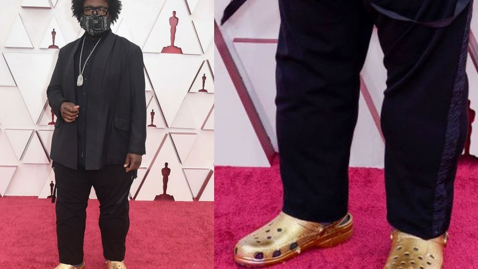 Questlove, con traje negro, mascarilla y 'crocs' doradas, posando ante los 'flashes'.