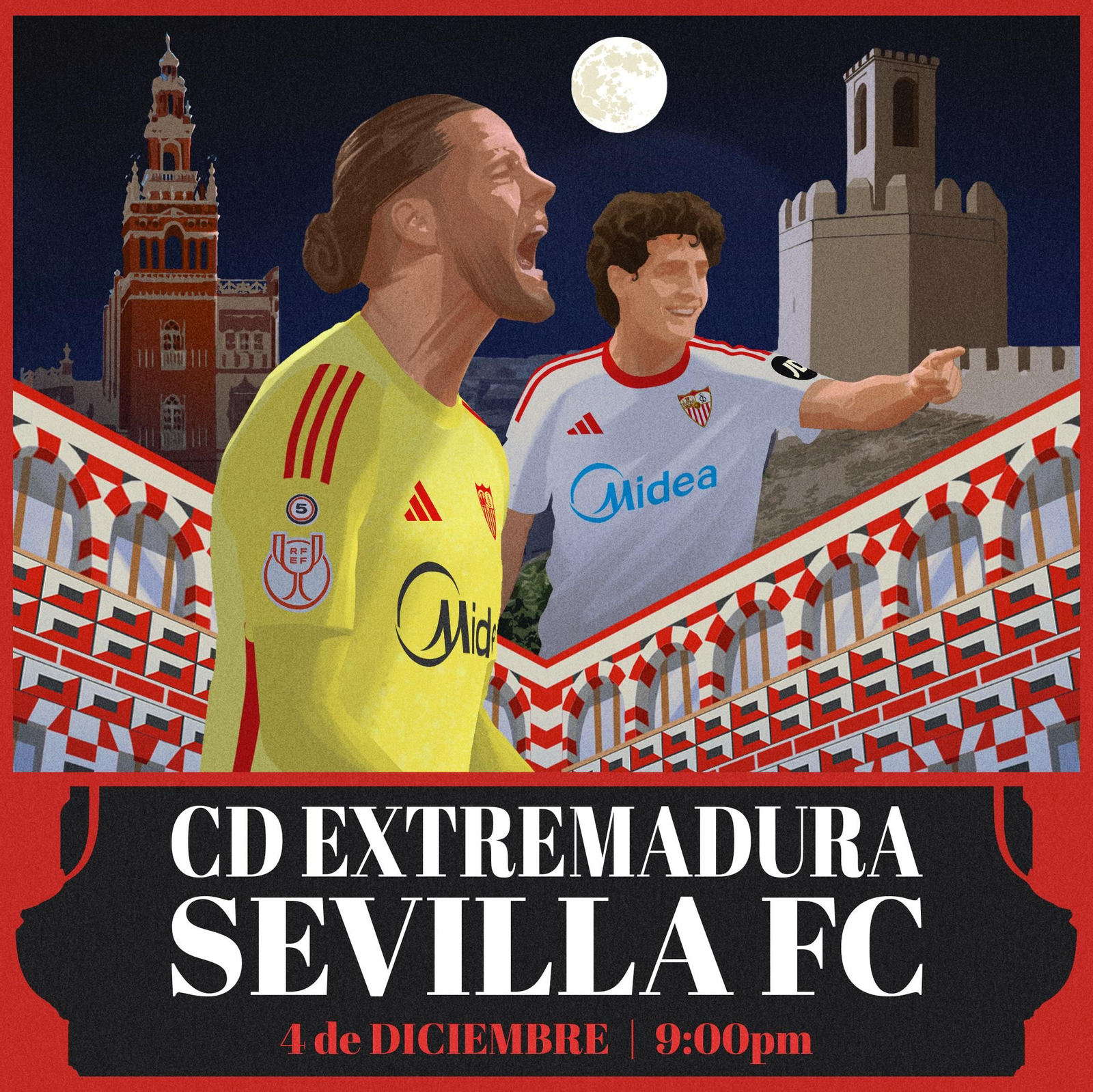 Cartel del Sevilla FC previo al partido con el Extremadura, lleno de monumentos de Badajoz capital