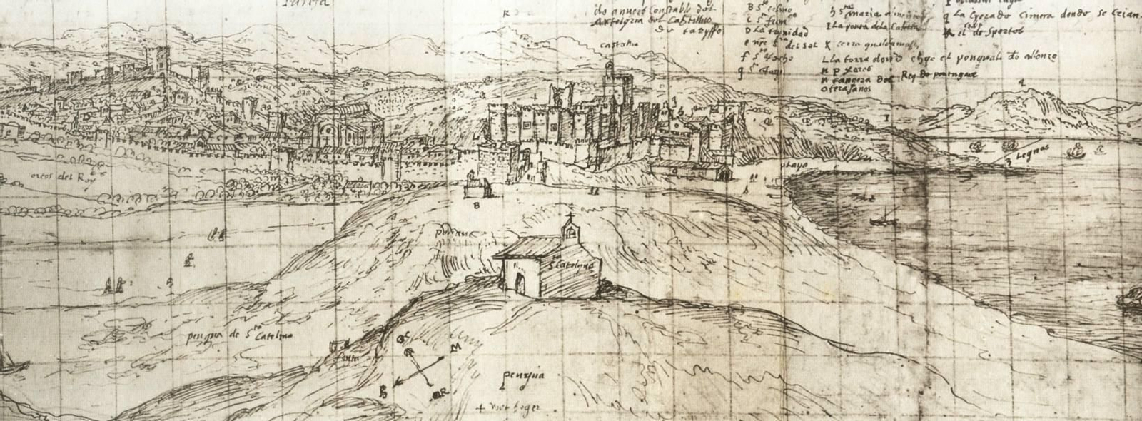 Vista panorámica de Tarifa en 1567 desde Poniente, dibujo de A. Van den Wyngaerde.
