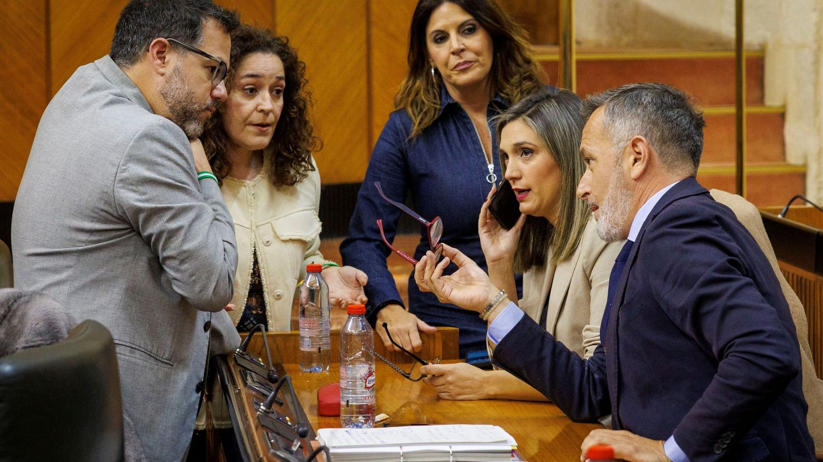 Los portavoces de Adelante, Por Andalucía y el PSOE en un pleno en el Parlamento andaluz.