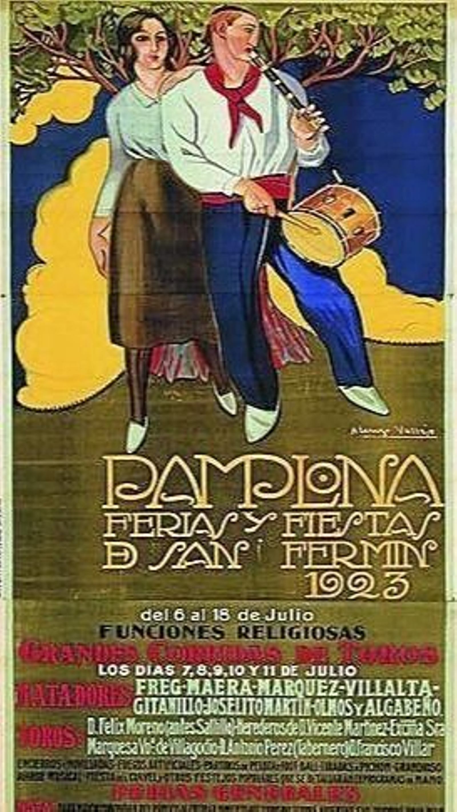 Cartel de las fiestas de San Fermín de 1923, año del aterrizaje en Pamplona del premio Nobel norteamericano.