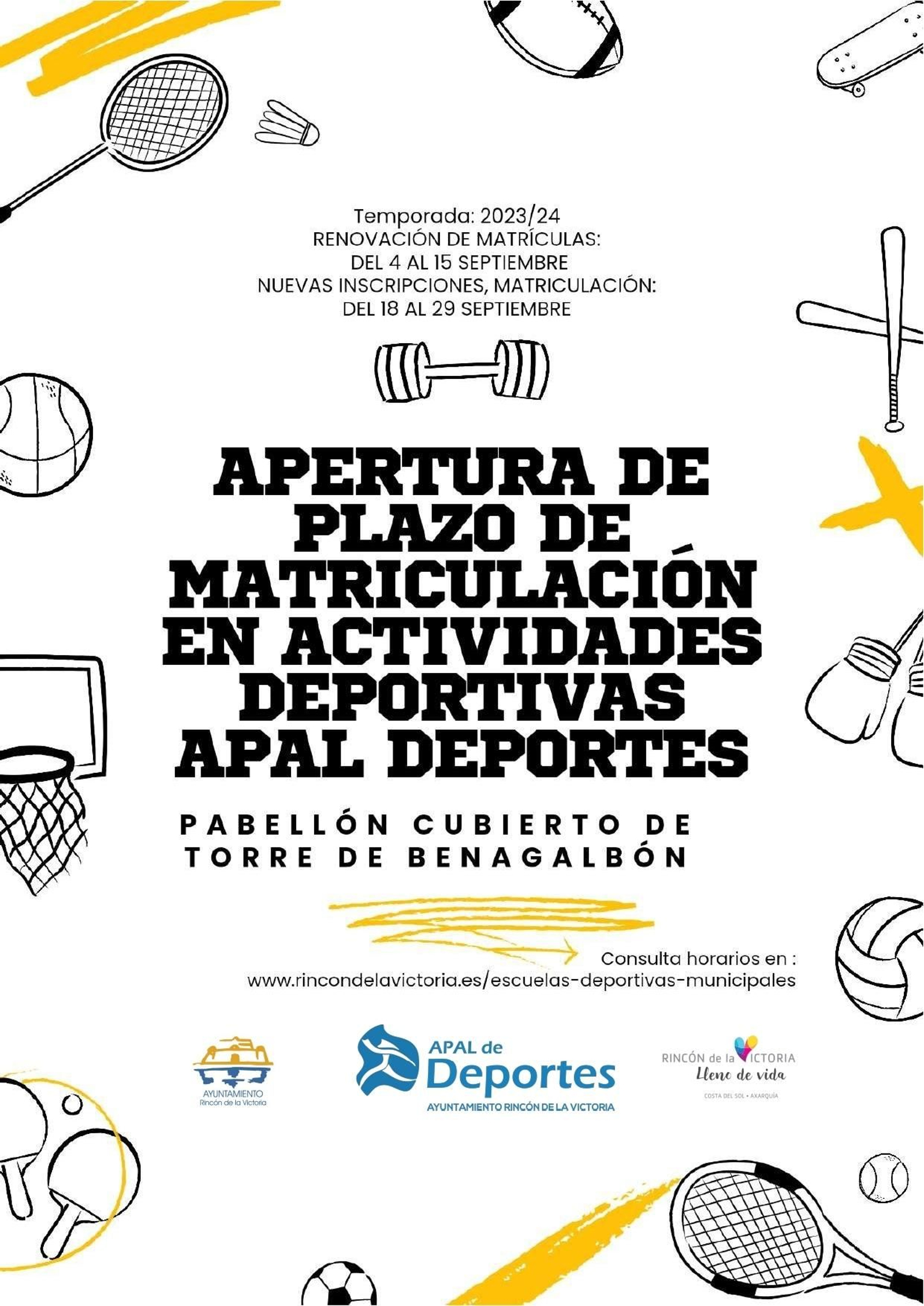 Cartel promocional de la inscripción de las escuelas deportivas en Rincón de la Victoria
