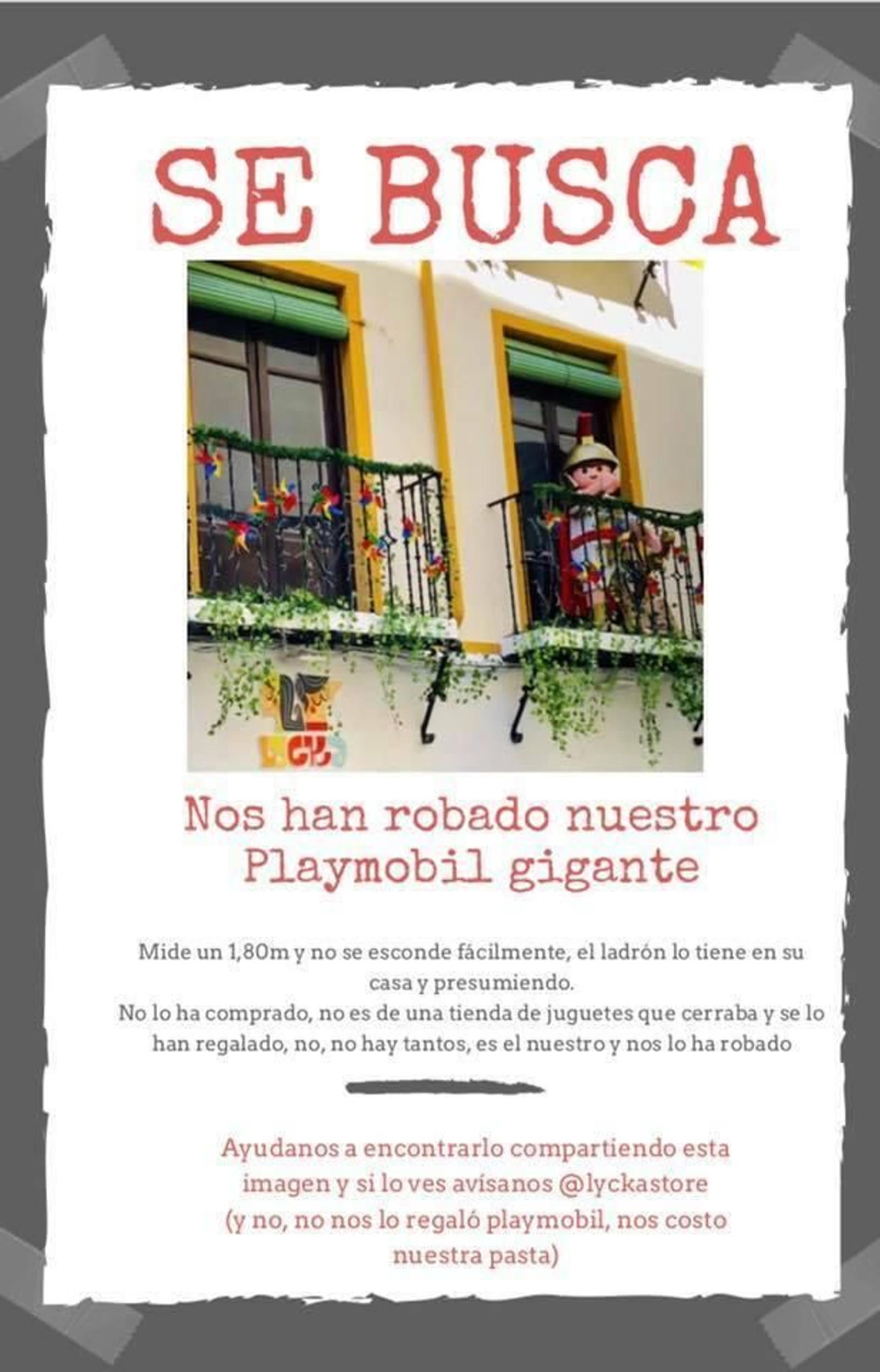 Cartel de búsqueda del Playmobil.