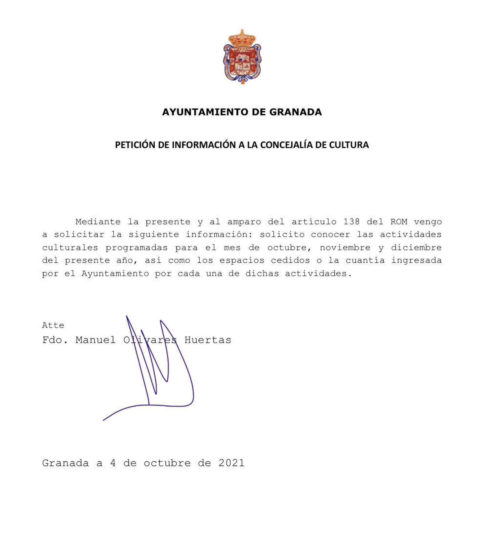 Solicitud de información al gobierno municipal de Granada por parte de Manuel Olivares