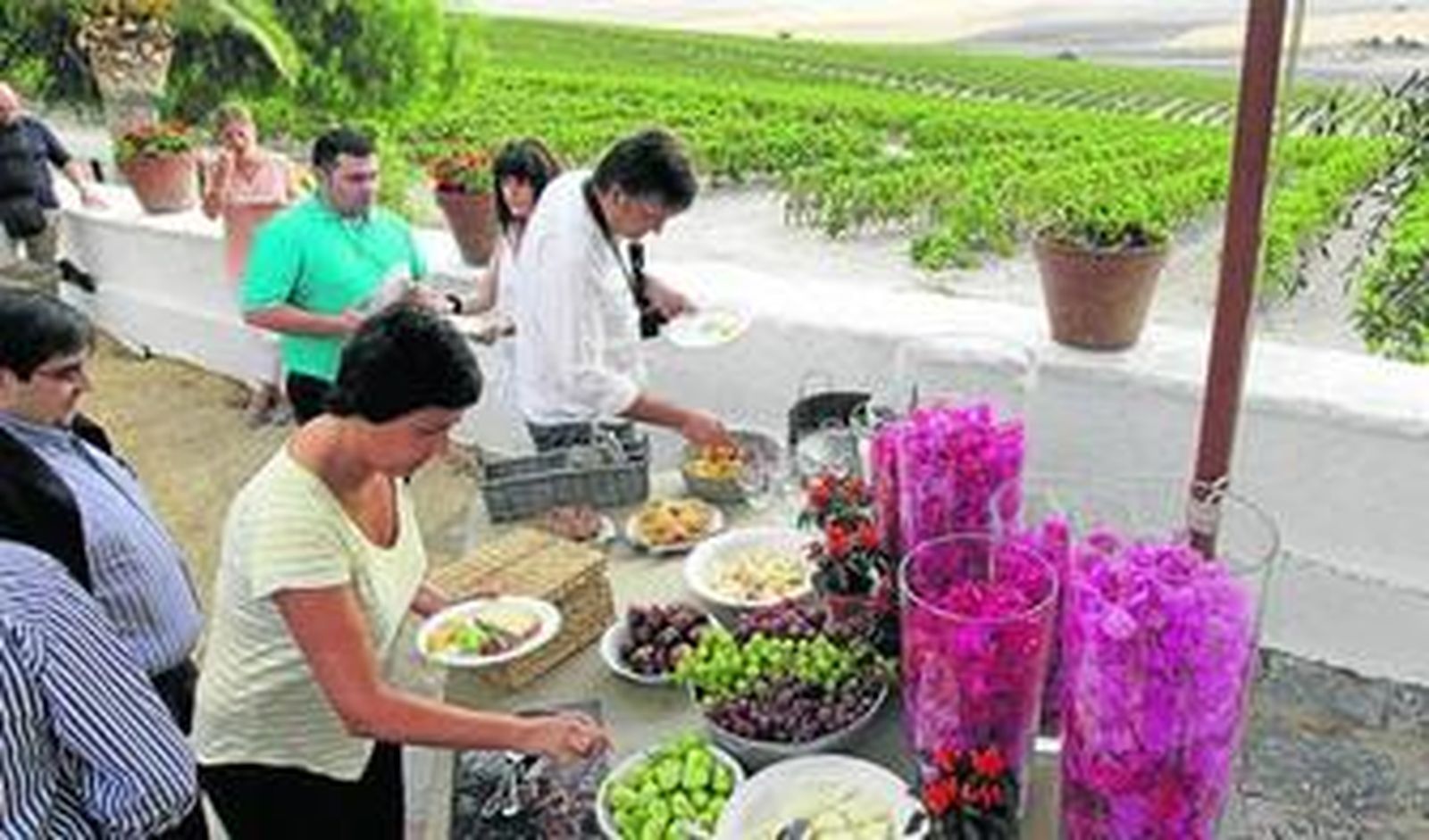 Un instante del desayuno campero brindado a los asistentes en la viña 'La Canariera'.