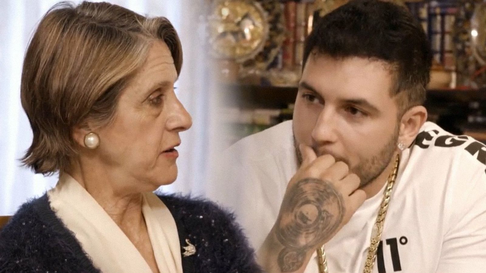 Pilar Gutiérrez (conocida como la 'franquista de la tele') y Omar Montes, en 'Ven a cenar conmigo'.