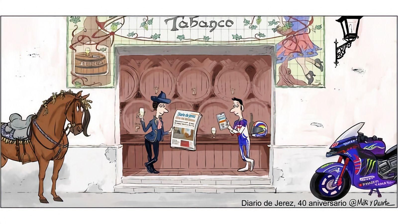 Extraordinaria viñeta de Miki y Duarte con motivo de los 40 años de Diario de Jerez. Extraordinaria viñeta de Miki y Duarte con motivo de los 40 años de Diario de Jerez.