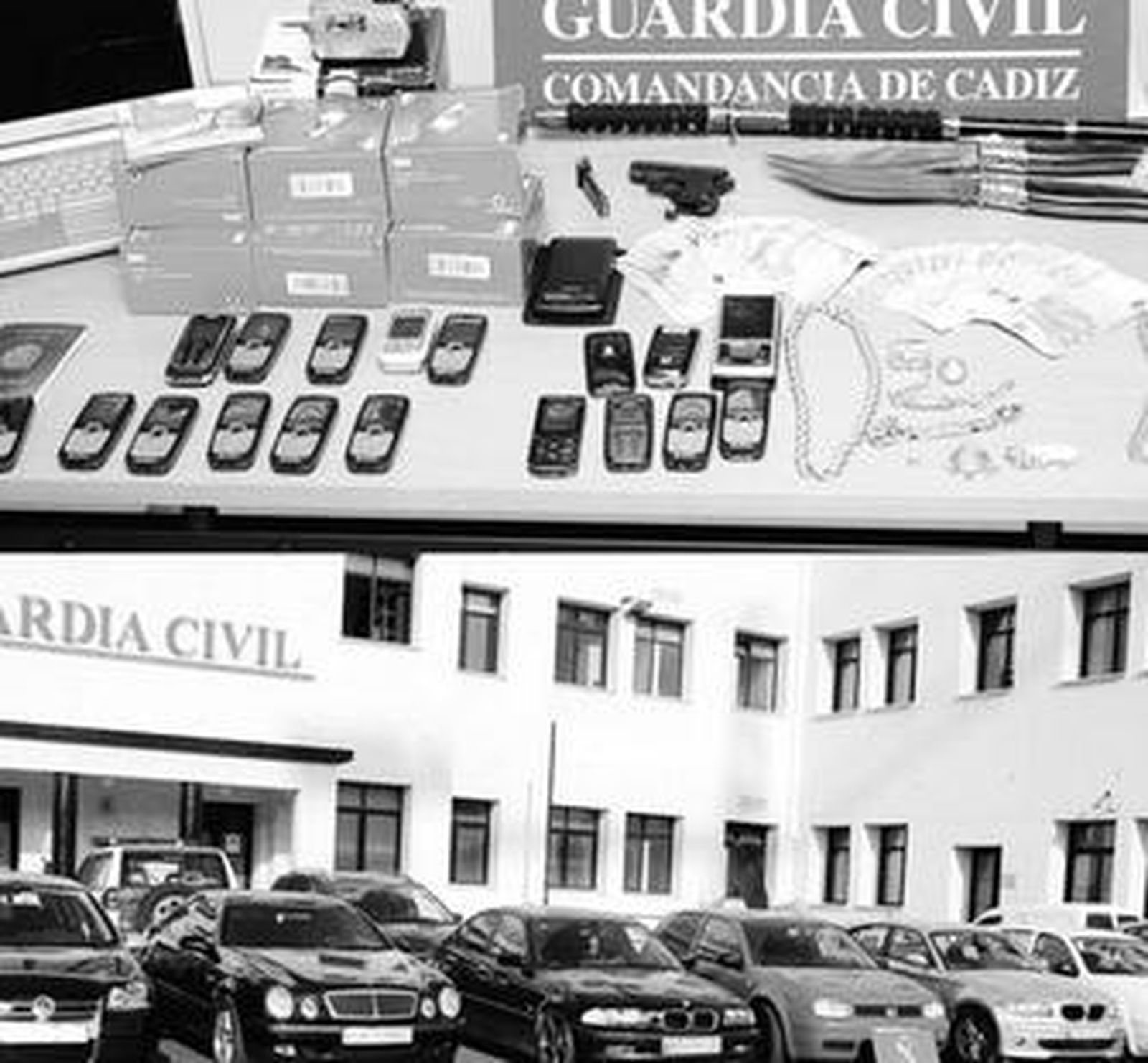 Arriba, material intervenido durante la Operación Marroncito. Abajo, automóviles requisados.