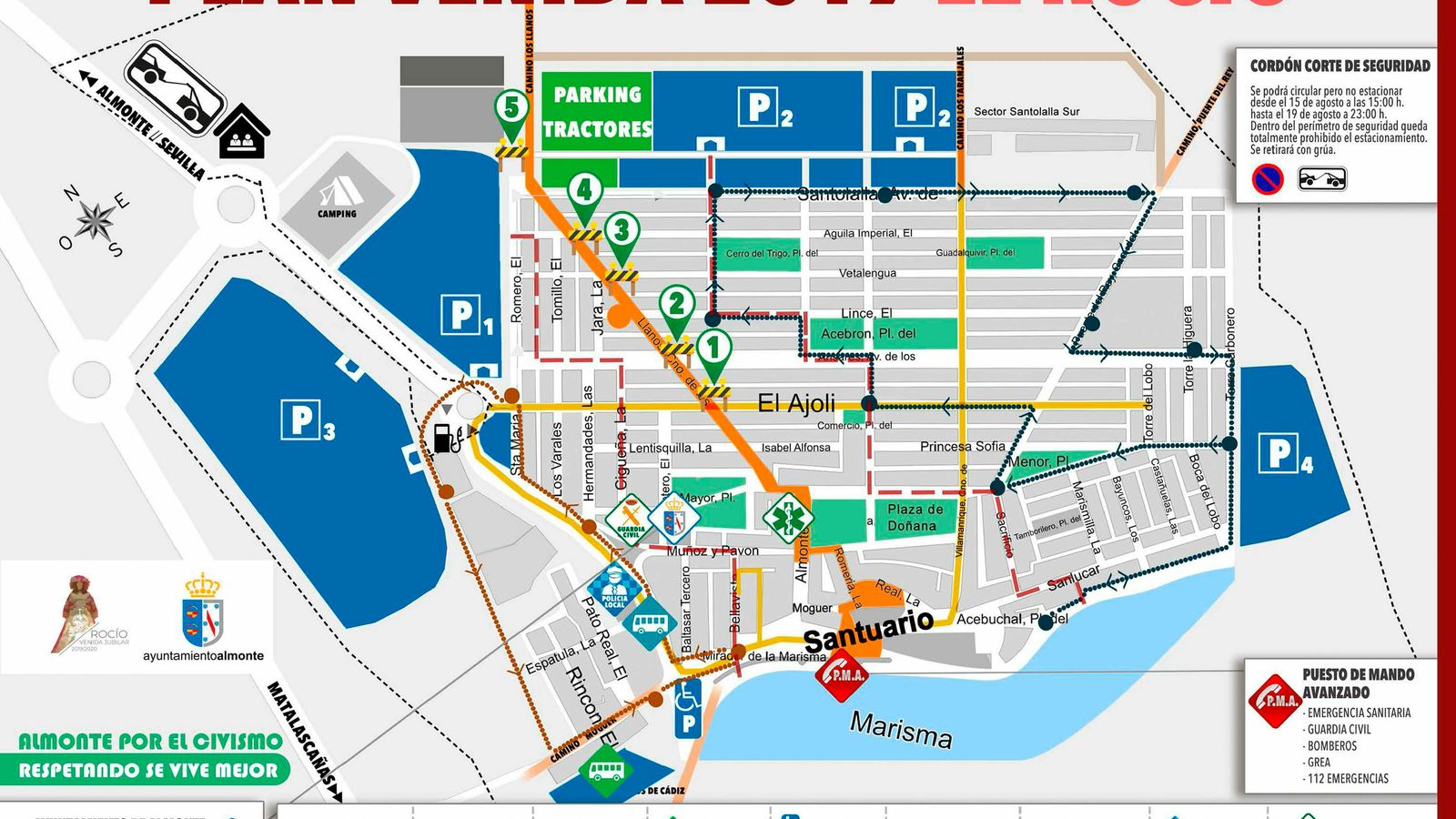 Plano del Rocío con las bolsas de aparcamiento y recorrido del traslado.