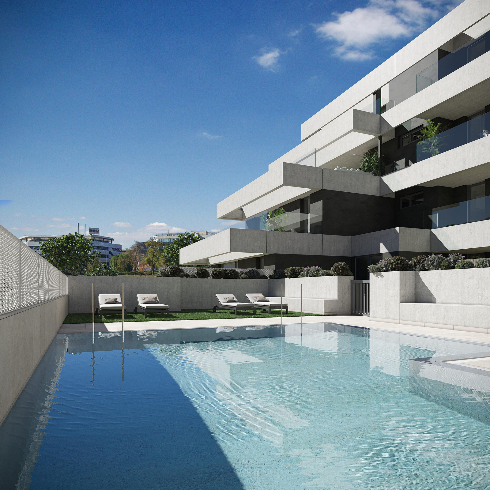 Piscina de uno de los tres edificios que conforman la nueva promoción Gradia de AEDAS Homes en la avenida de Jerez en Sevilla capital.