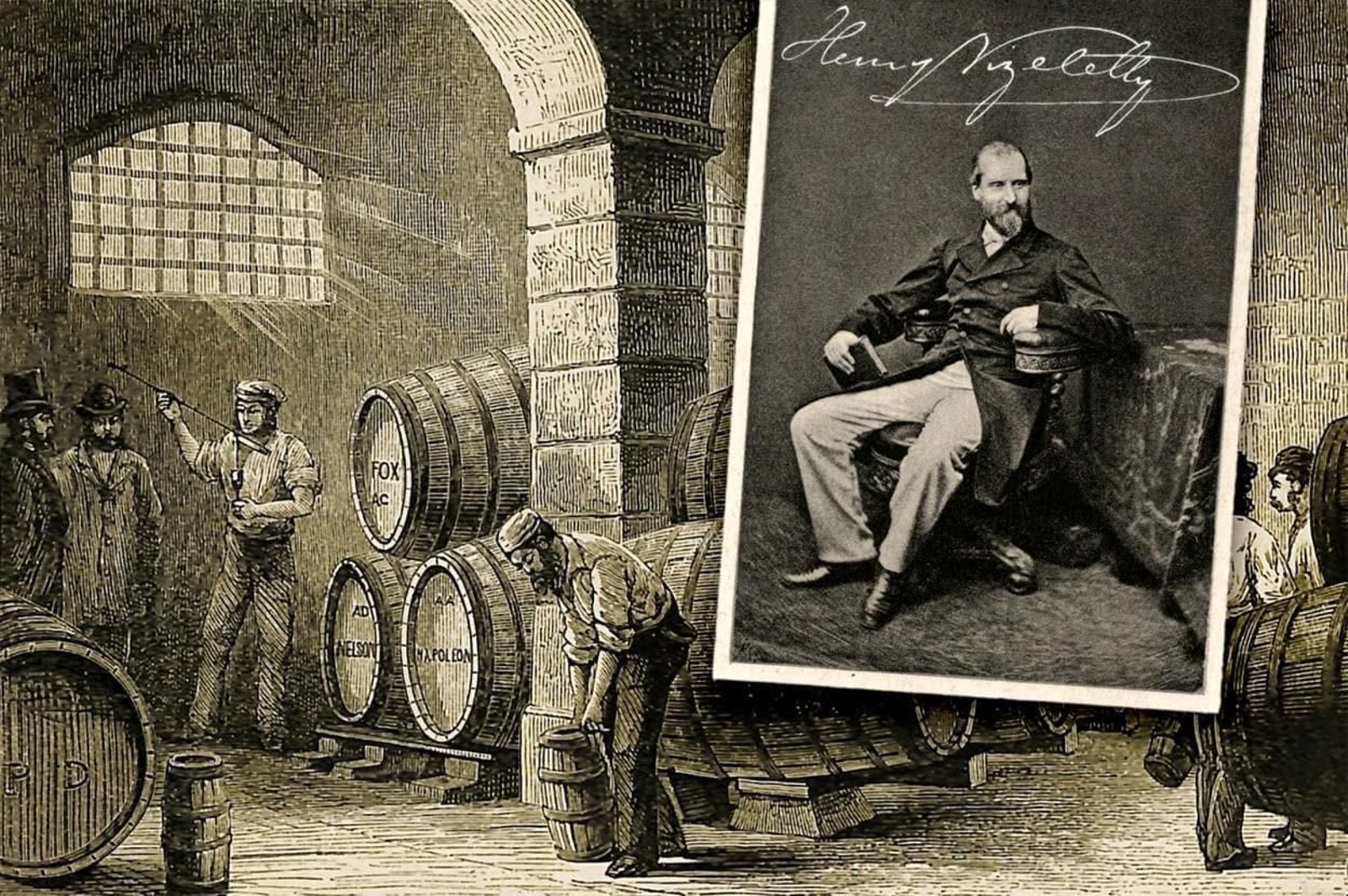 Escena de bodega jerezana del XIX, y retrato de Henry Vizetelly.