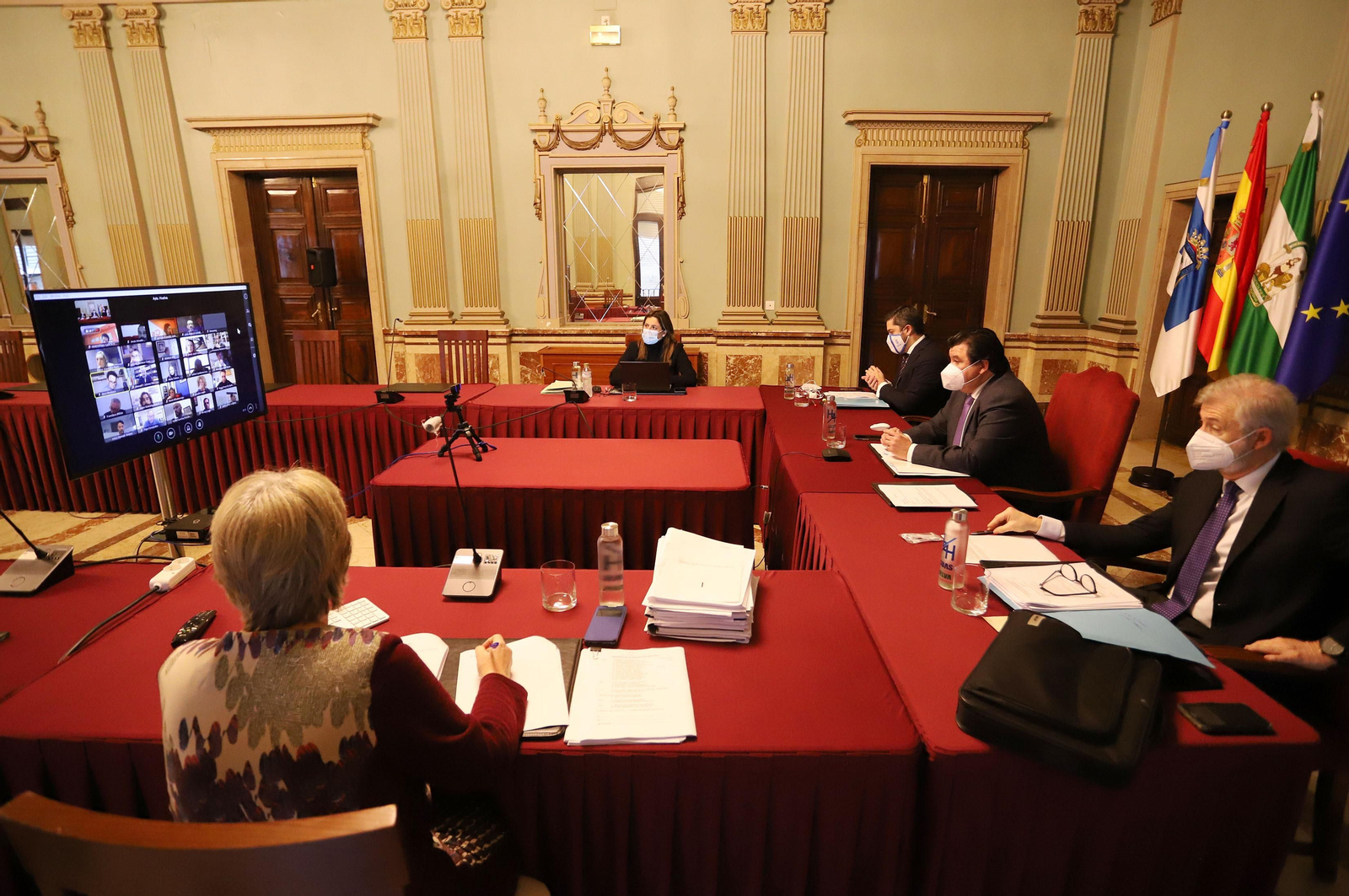 Imágenes del pleno del Ayuntamiento de Huelva celebrado de manera virtual