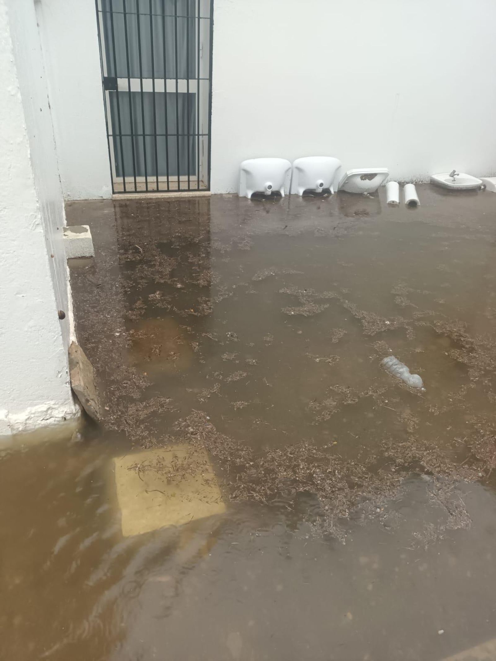 Agua estancada en el recinto del colegio.
