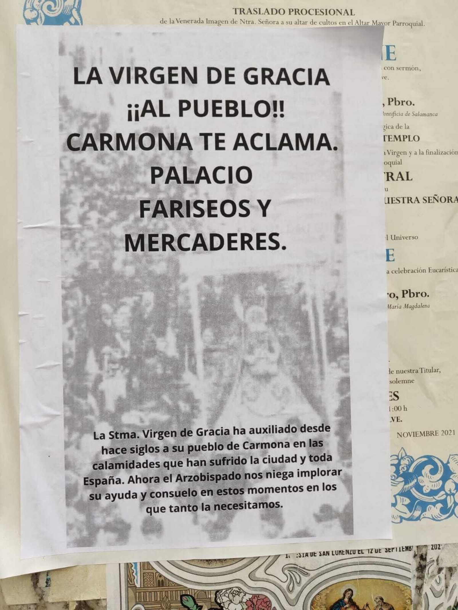 El panfleto en el que se exige que la Virgen de Gracia salga en procesión extraordinaria.