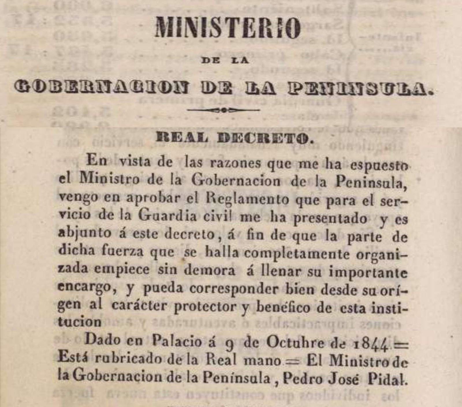 Real decreto de 9 de octubre de 1844 para la aprobación del primer Reglamento de Servicio de la Guardia Civil.