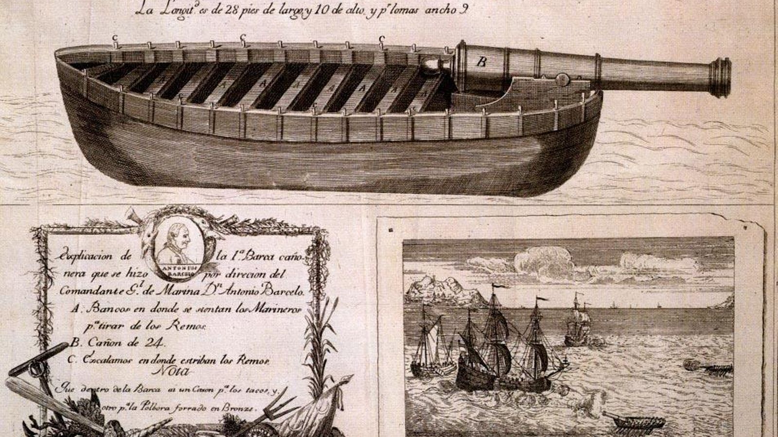 Lancha cañonera diseñada por don Antonio Barceló, luego dotada de mástil y vela latina para ser utilizada como embarcación corsaria. En la ilustración inferior derecha, unas lanchas cañoneras atacan a un navío inglés.