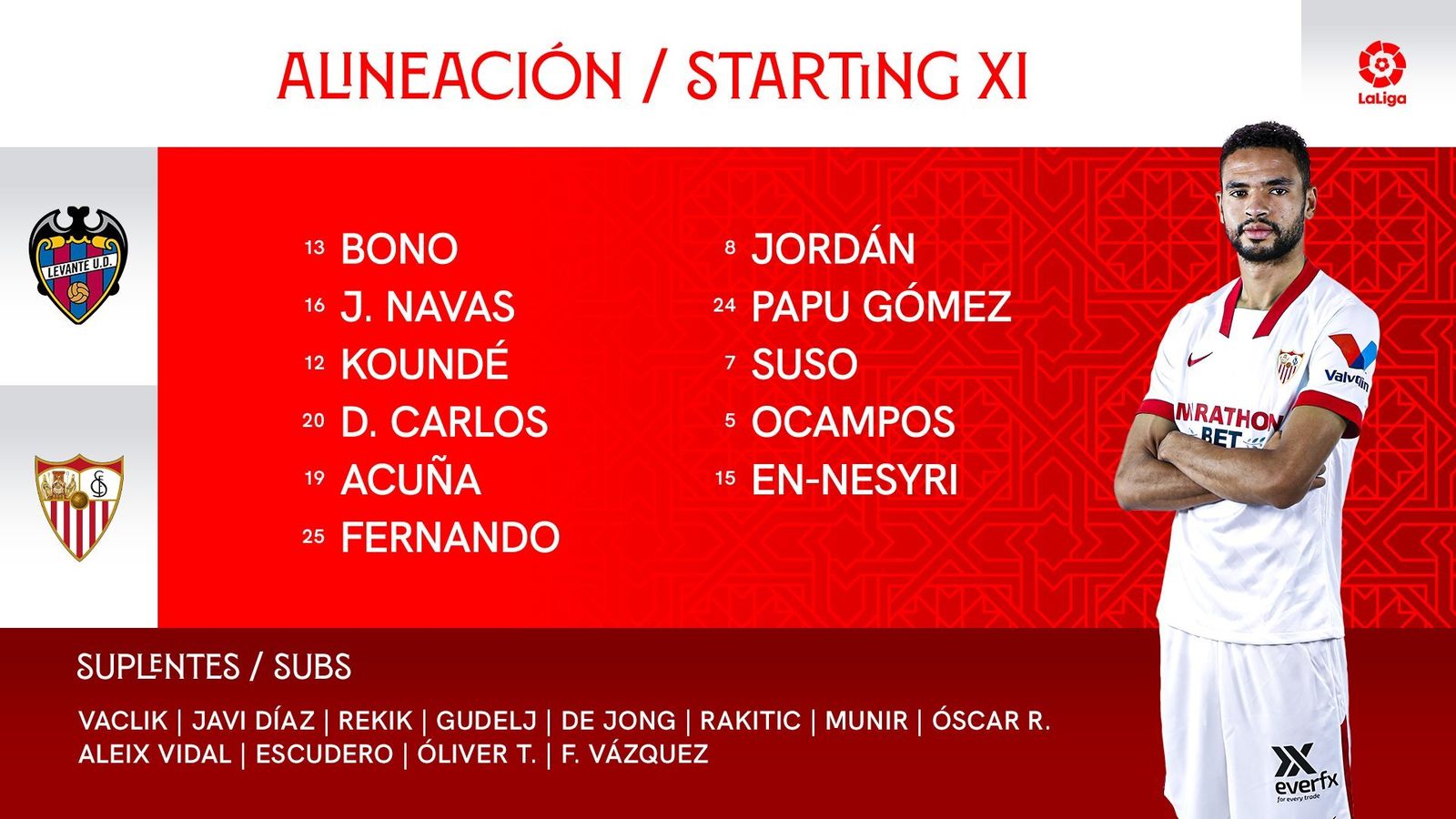 Carátula oficial del Sevilla con el once inicial y el banquillo.