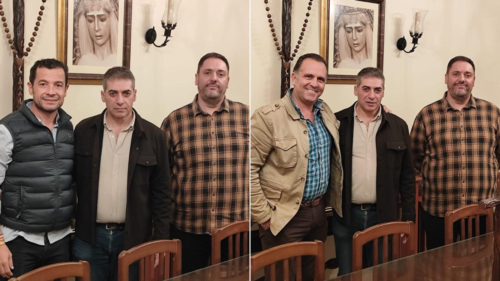 Dos imágenes del hermano mayor de la Buena Muerte con los dos capataces designados para la Semana Santa de 2025.