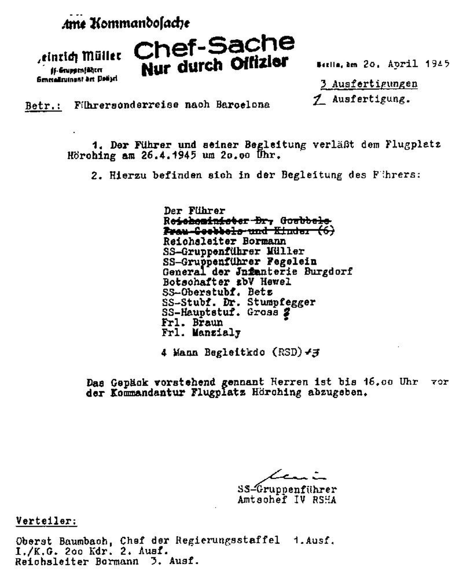 20 de abril de 1945. Documento firmado por Heinrich Müller. Se trata de los pasajeros que debían formar parte de un vuelo a Barcelona. Figura Hitler entre ellos. Curioso que los del matrimonio Goebbels aparezcan tachados.