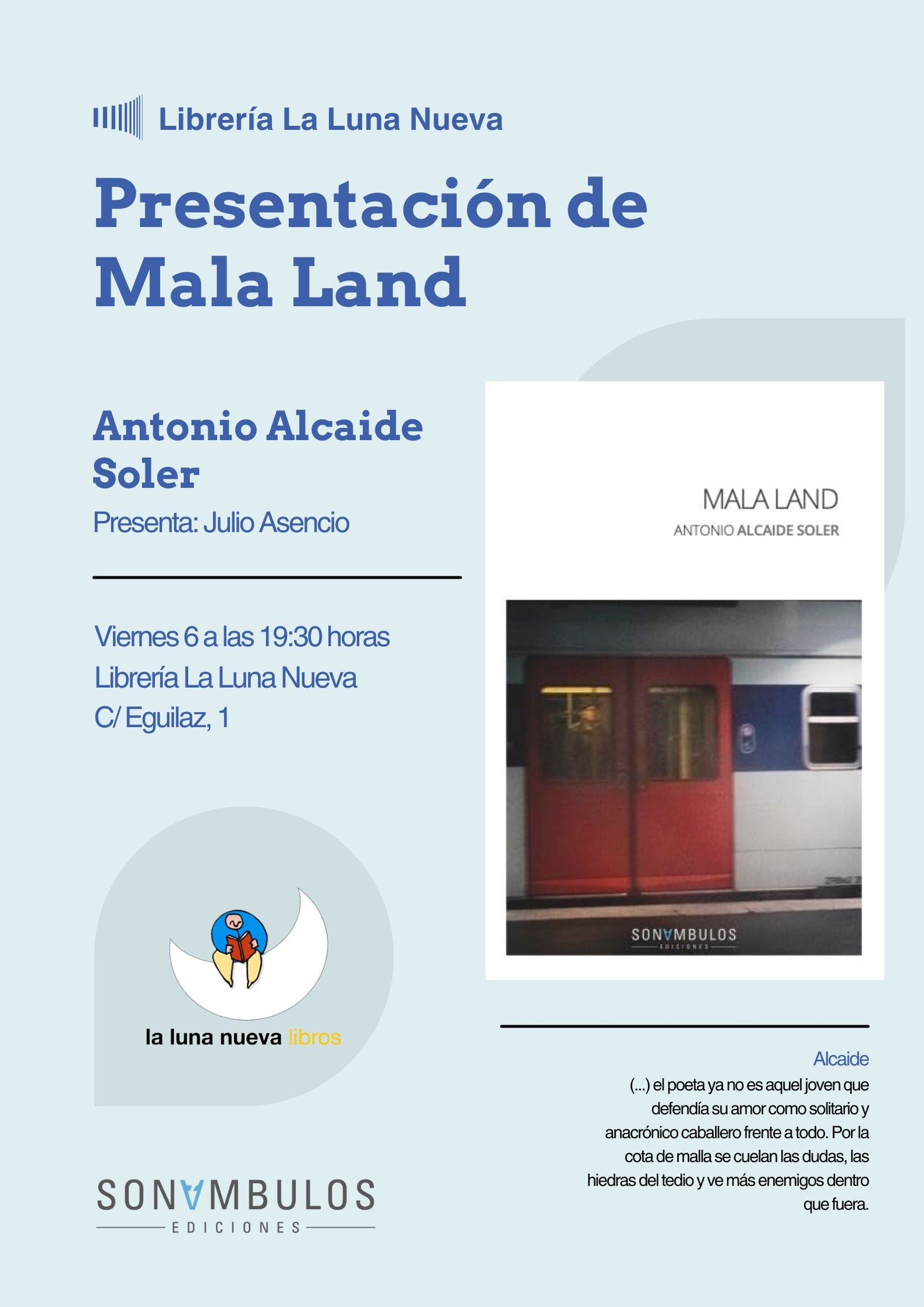 Cartel con la presentación del libro de Antonio Alcaide Soler