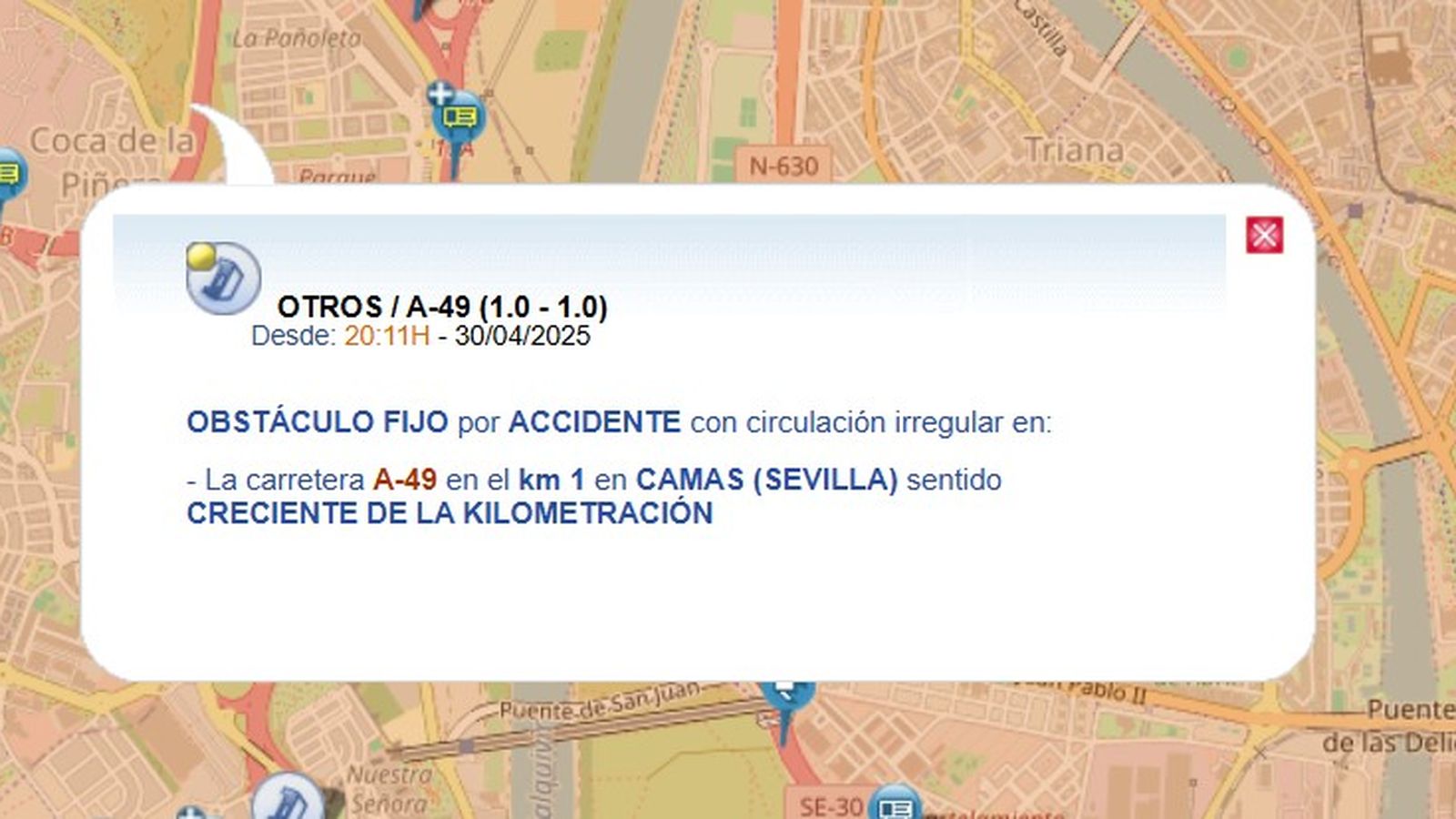 Notificación del accidente en la A-49