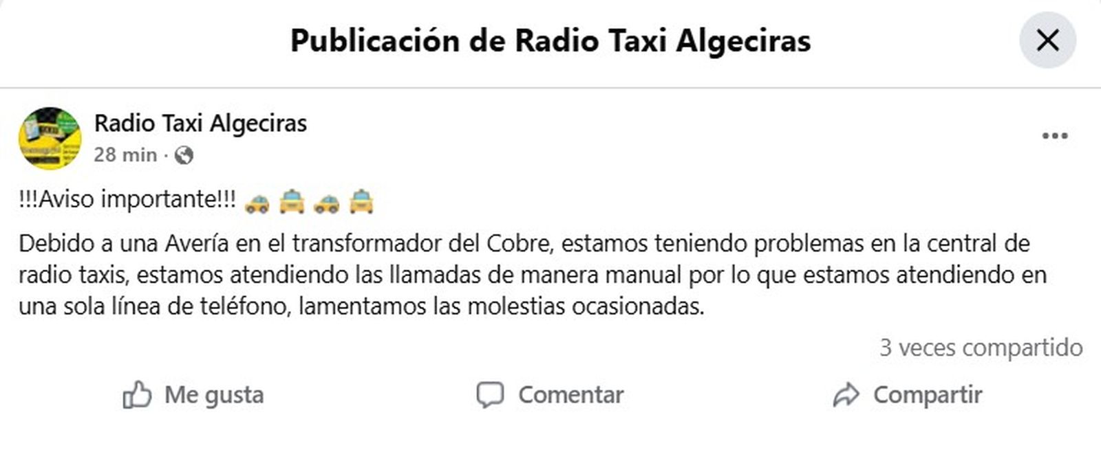 El aviso de Radio Taxi sobre el corte de electricidad.