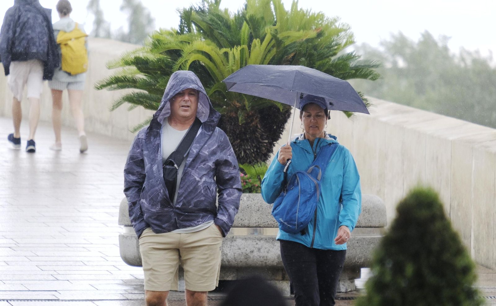 Una pareja protegida de la lluvia pasea por el Puente Romano.