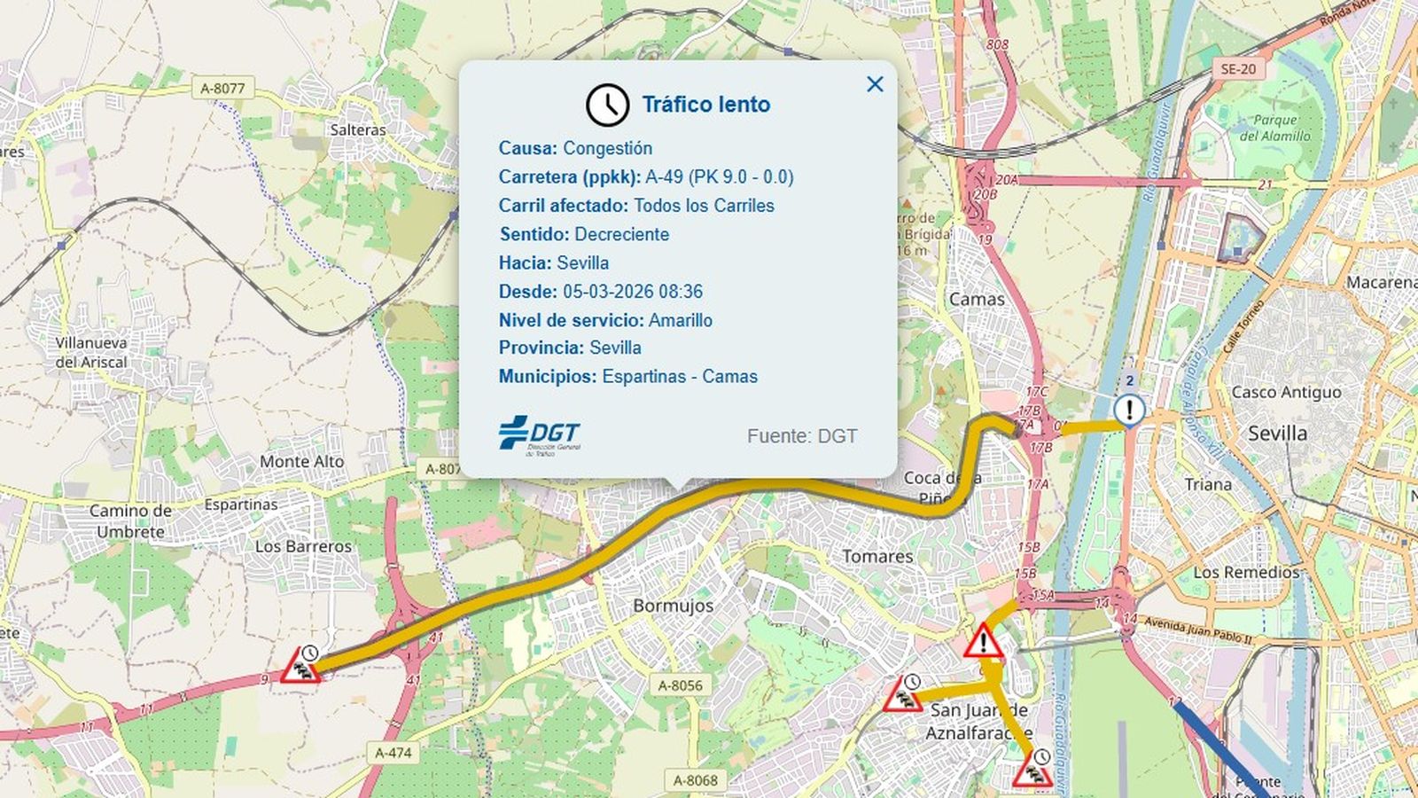 Hasta nueve kilómetros de atascos en la A-49 este jueves