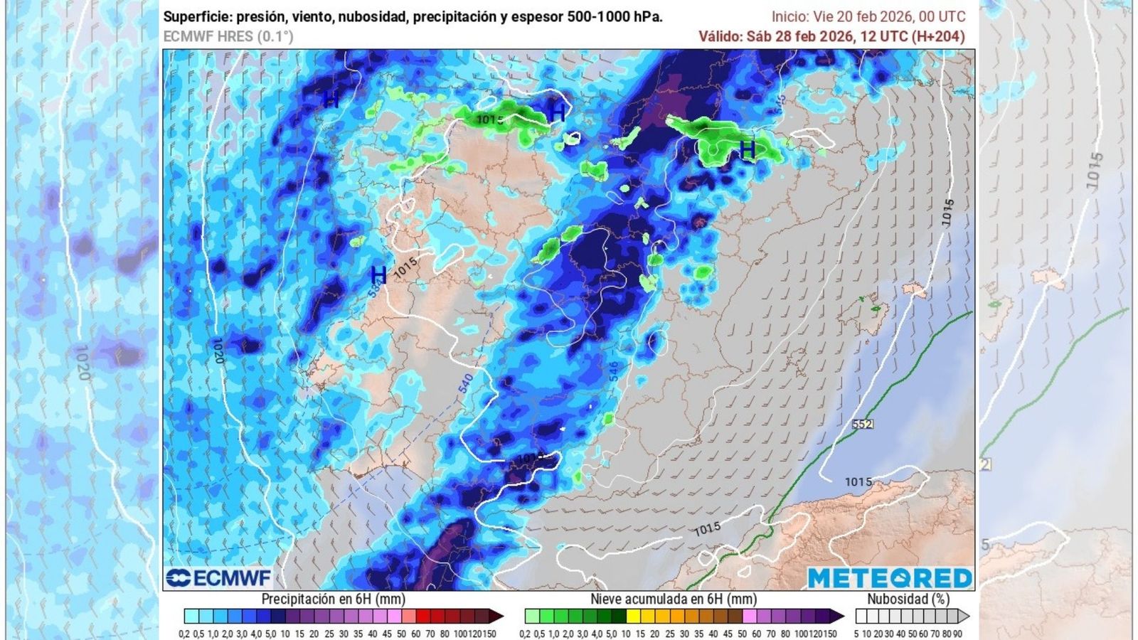 El ECMWF apuesta por el paso de un frente con lluvia el sábado 28 de febrero, Día de Andalucía.