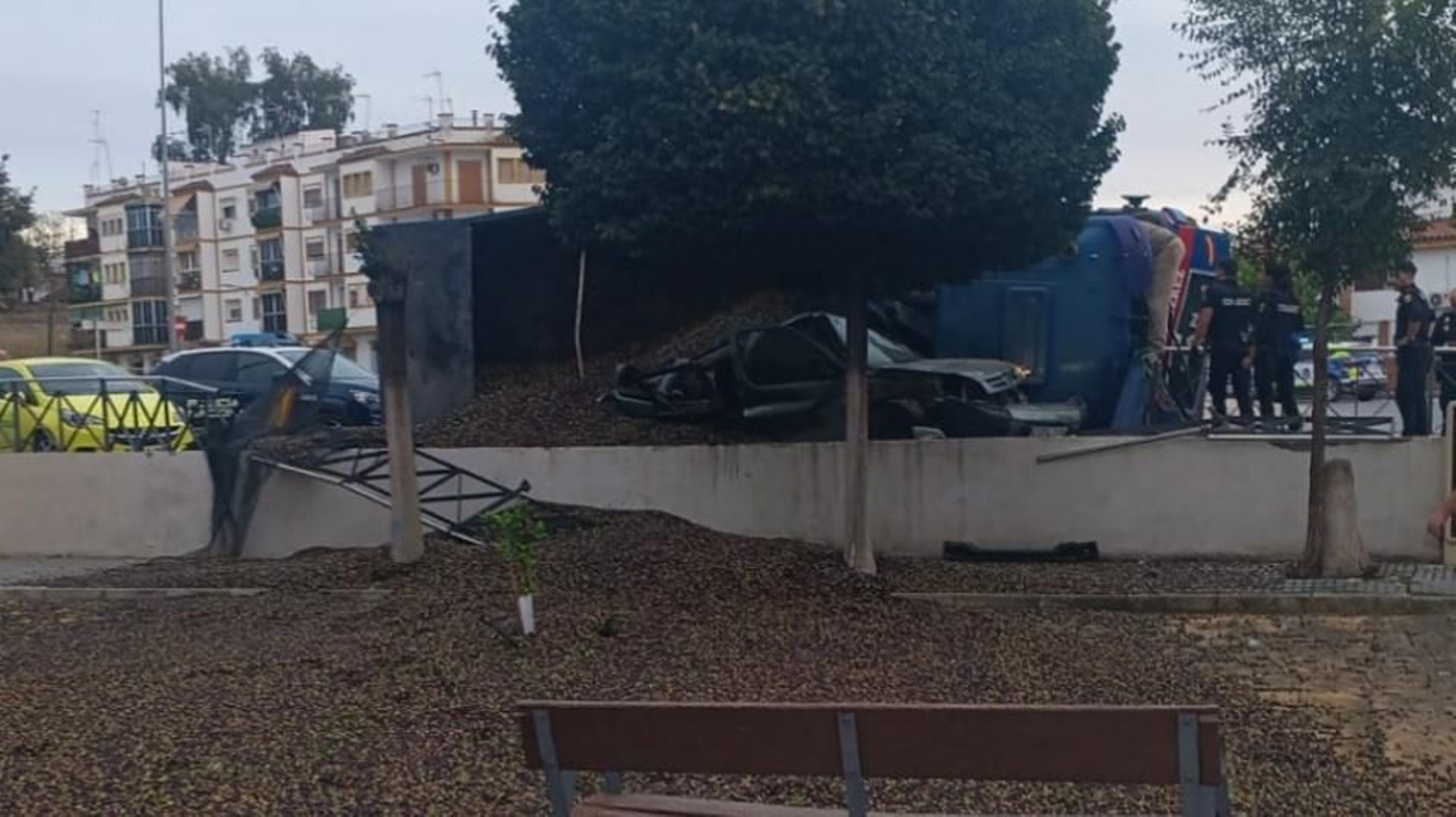 Una imagen del camión con la carga volcada sobre el coche.