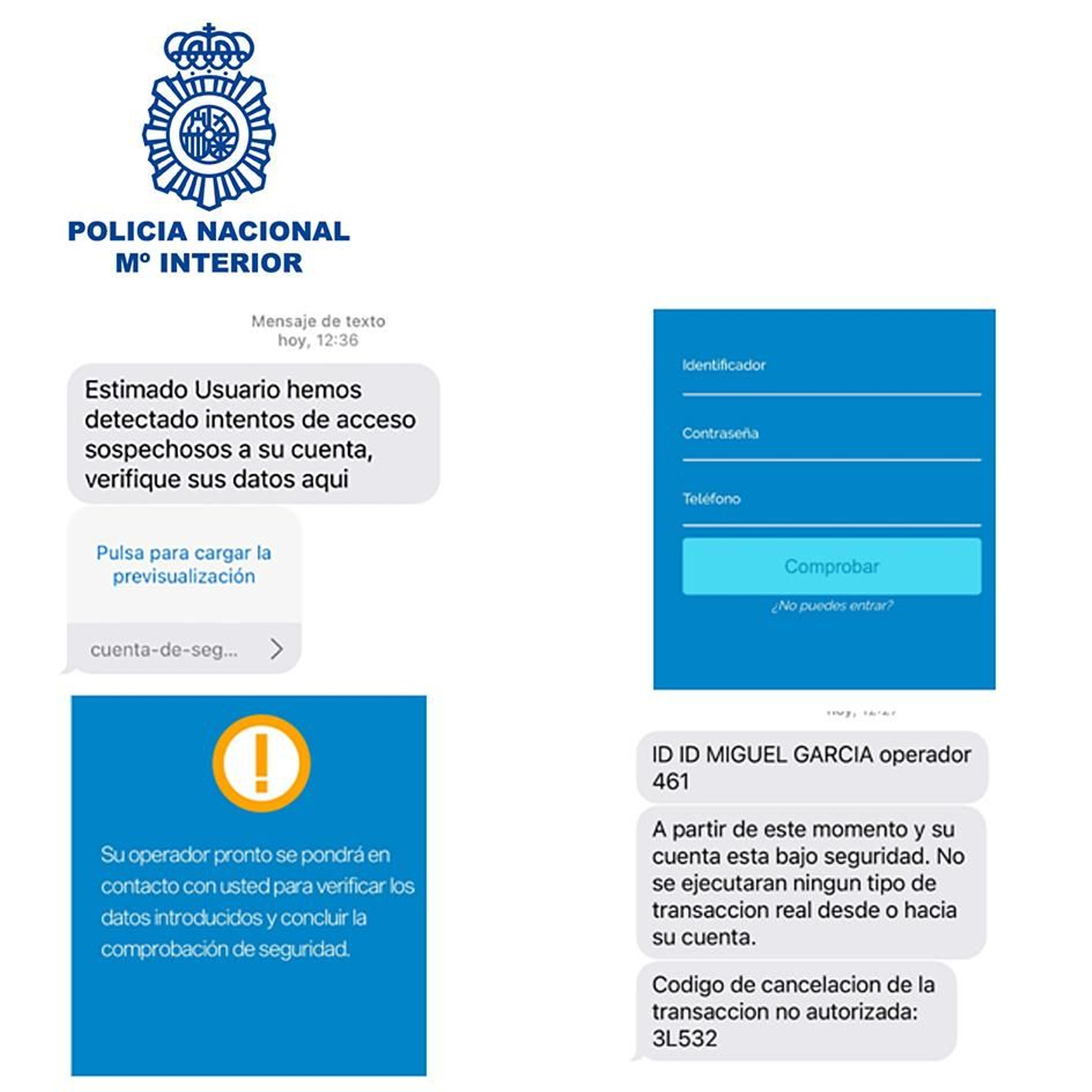 La policía muestra como son los sms de la estafa