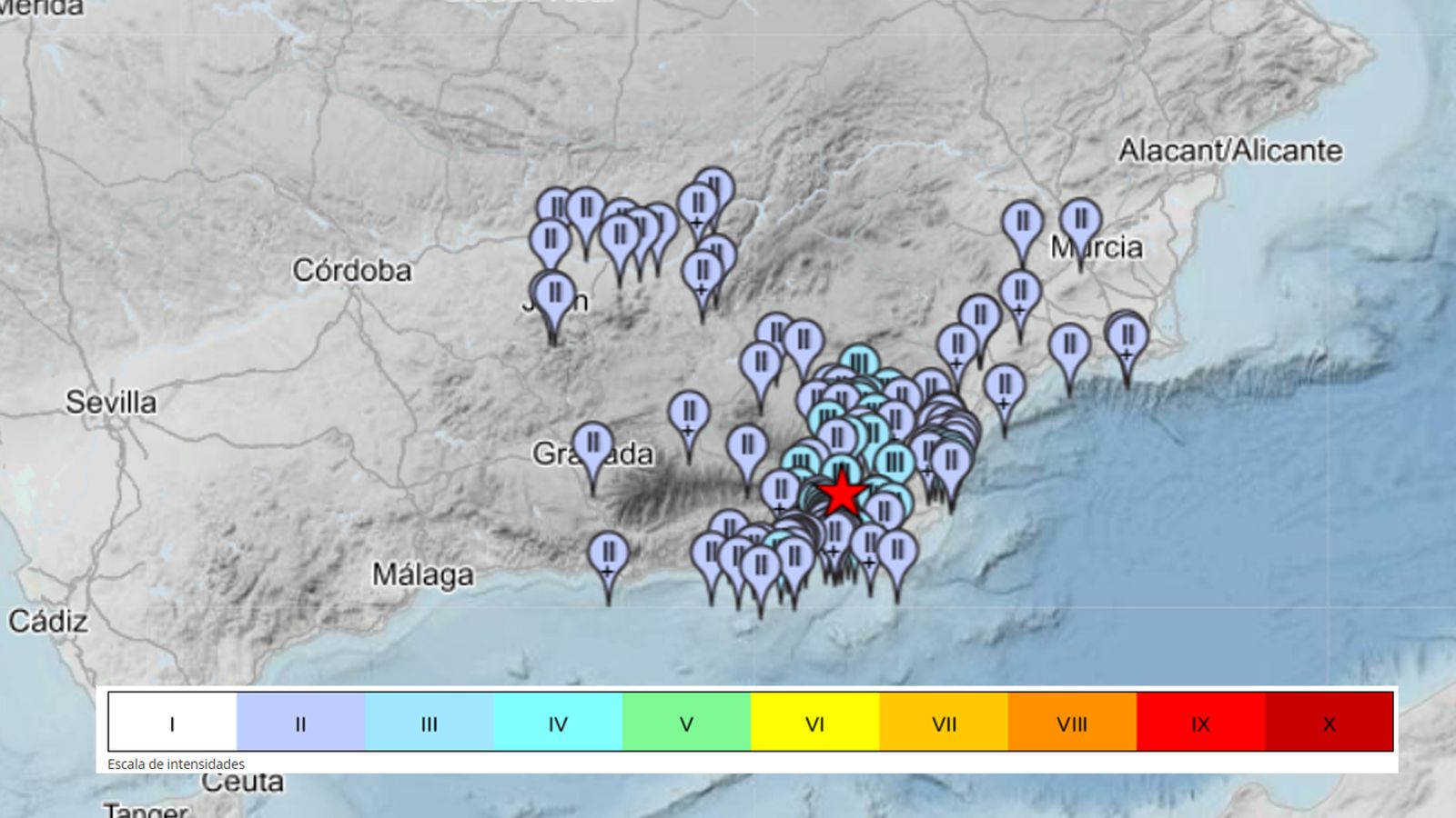 Mapa de los municipios donde se ha sentido el terremoto de Tabernas