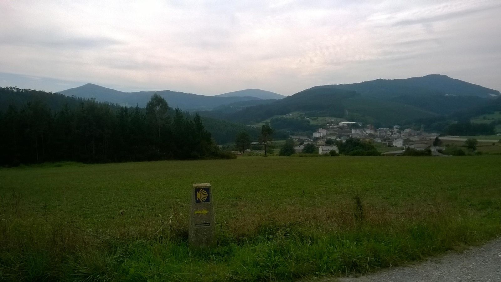 Un indicador con una flecha y una vieira cerca de Lorenzana (Lugo)