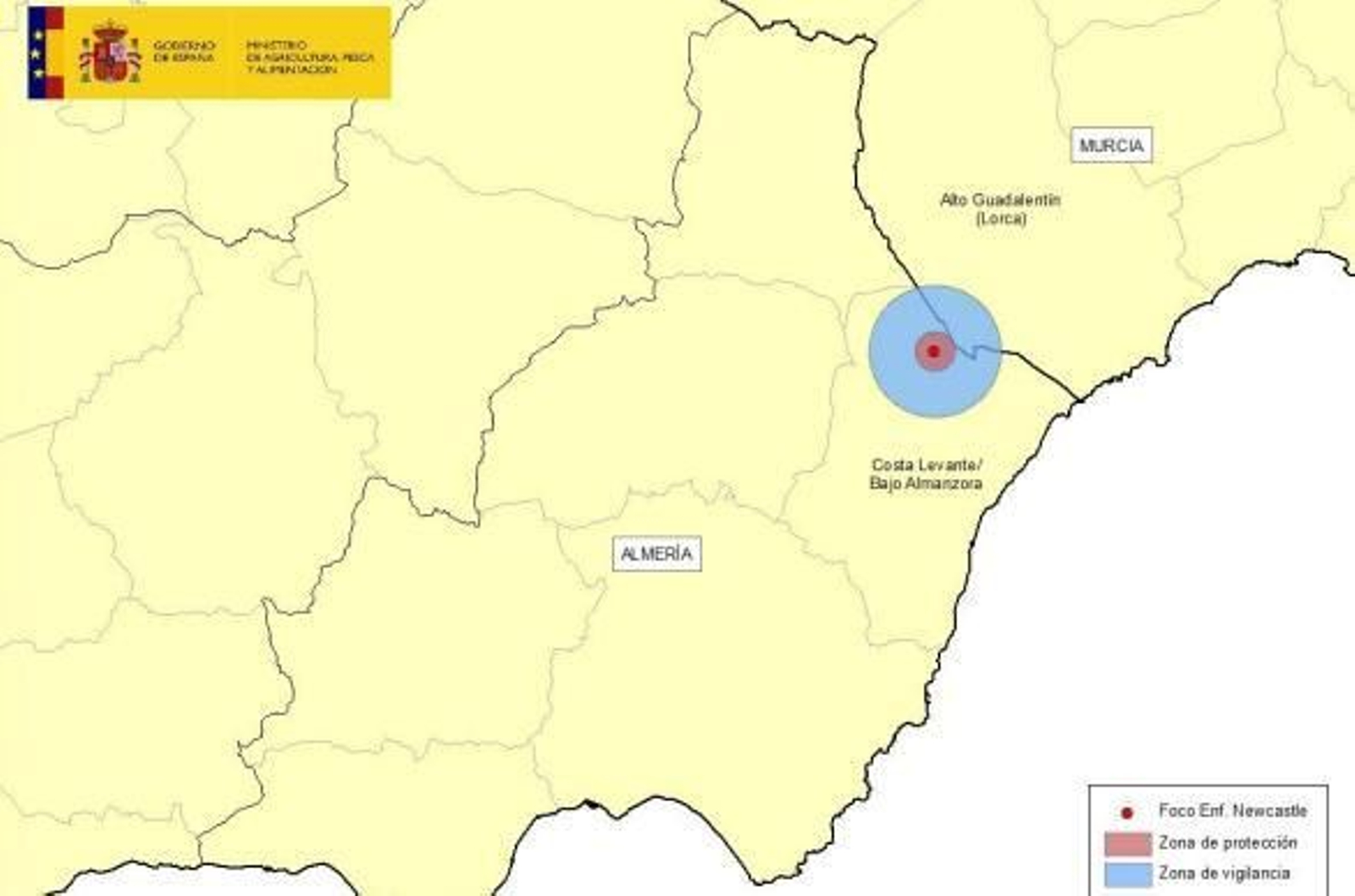 Mapa de localización de la granja de pollos afectada del Ministerio de Agricultura