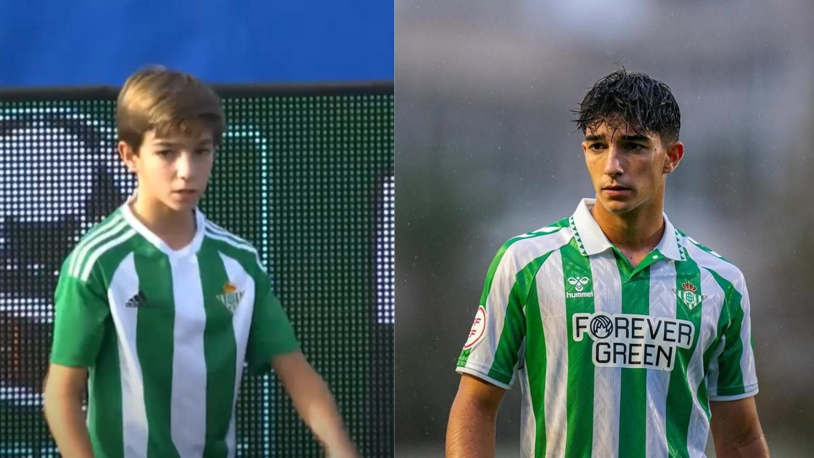 Carlos Reina, a la izquierde como infantil, y a la derecha en un encuentro con el Betis Deportivo esta temporada en Primera RFEF