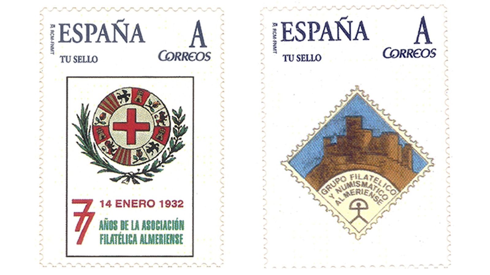 Sellos personalizados solicitados por el grupo Filatélico y Numismático Almeriense en los que podemos ver el primer logotipo que se usó en su constitución y el actual
