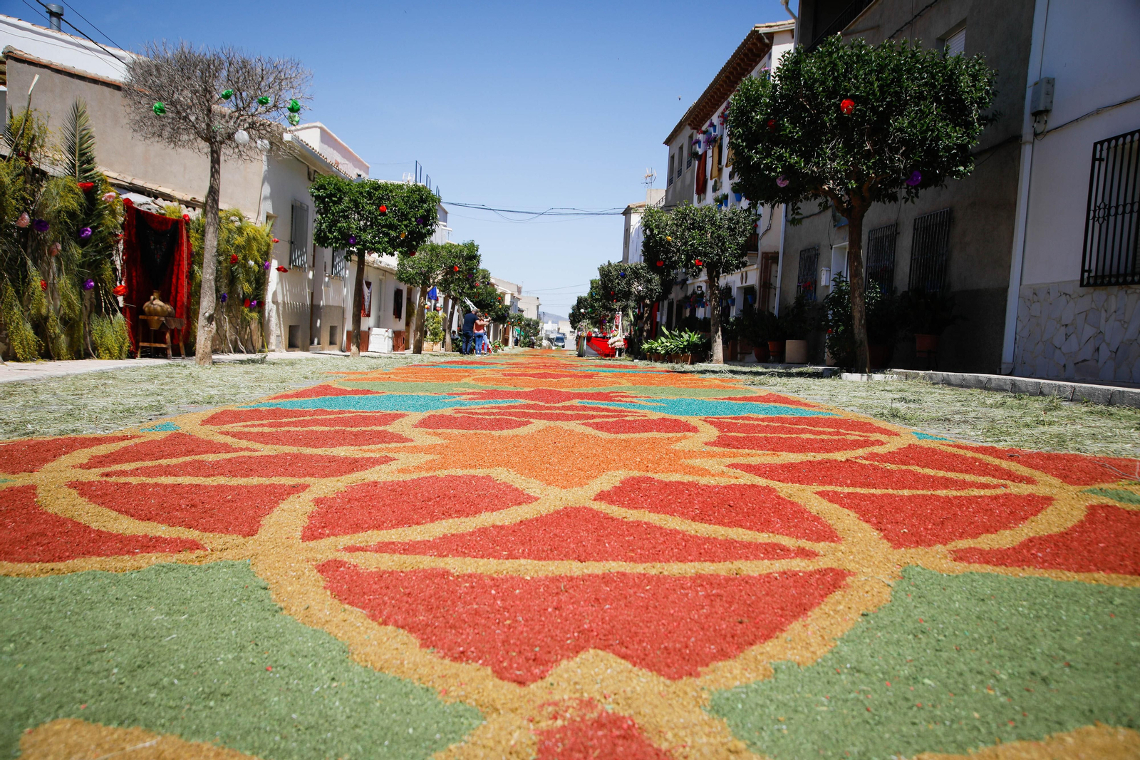 Así es la gran alfombra de serrín para que levite la Virgen de Fátima de Tíjola