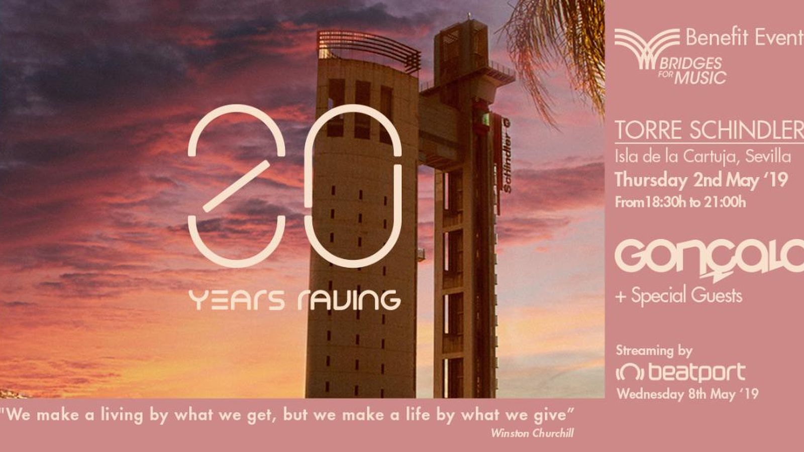 Cartel del evento benéfico en la Torre Schindler de Sevilla.