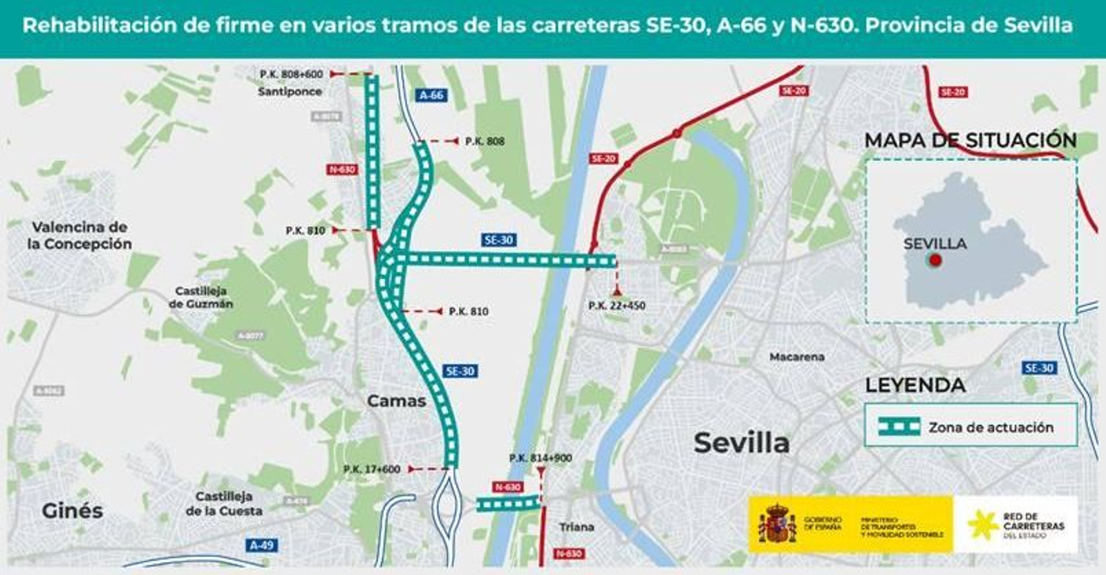 Mapa de los tramos que se reasfaltan en Sevilla