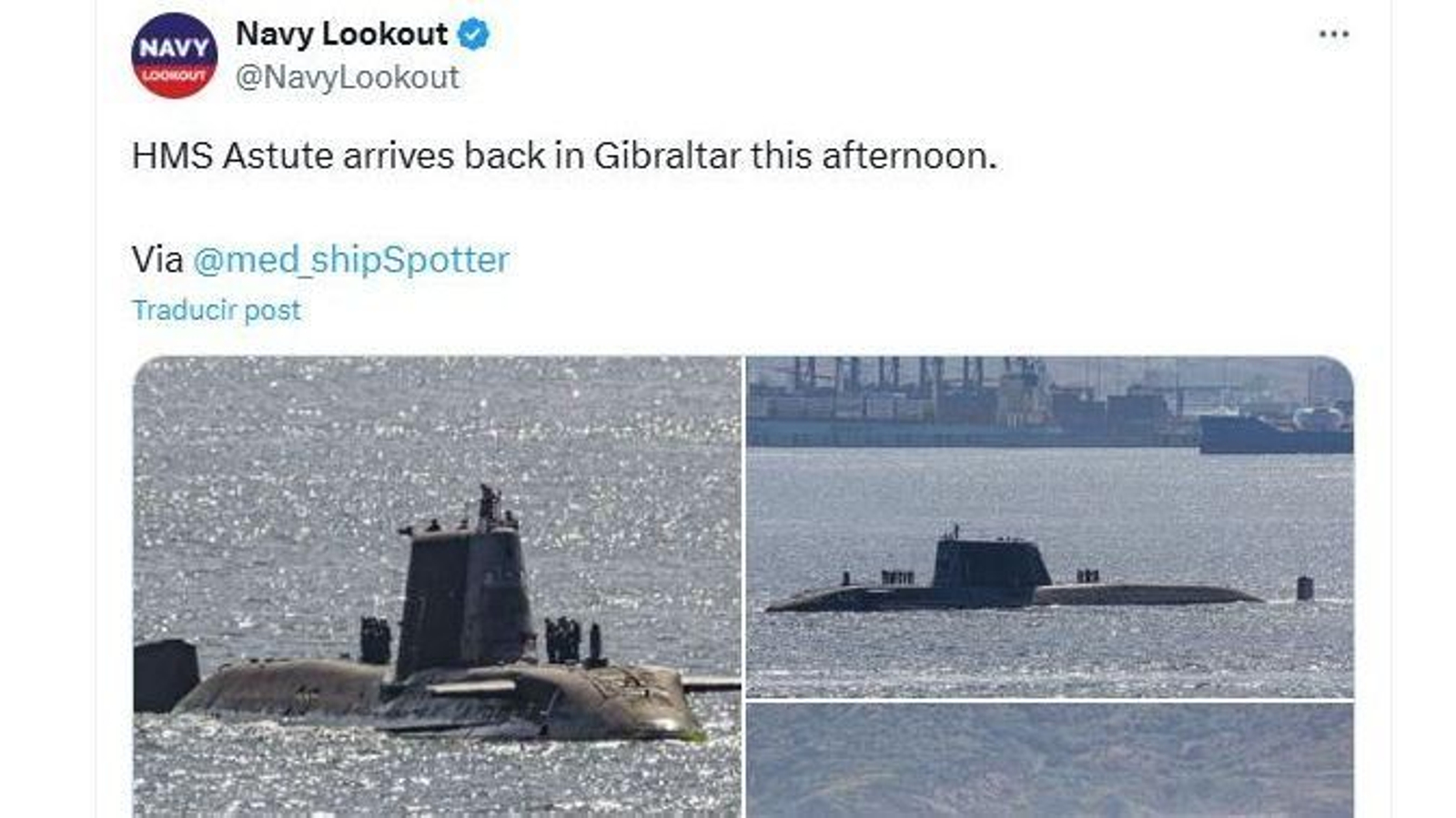Captura de imagen de la llegada del 'HMS Astute' a Gibraltar.